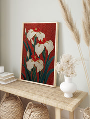Japanese Iris flower poster with white and red blooms, green leaves, and gold details on a textured red background. - Image 4