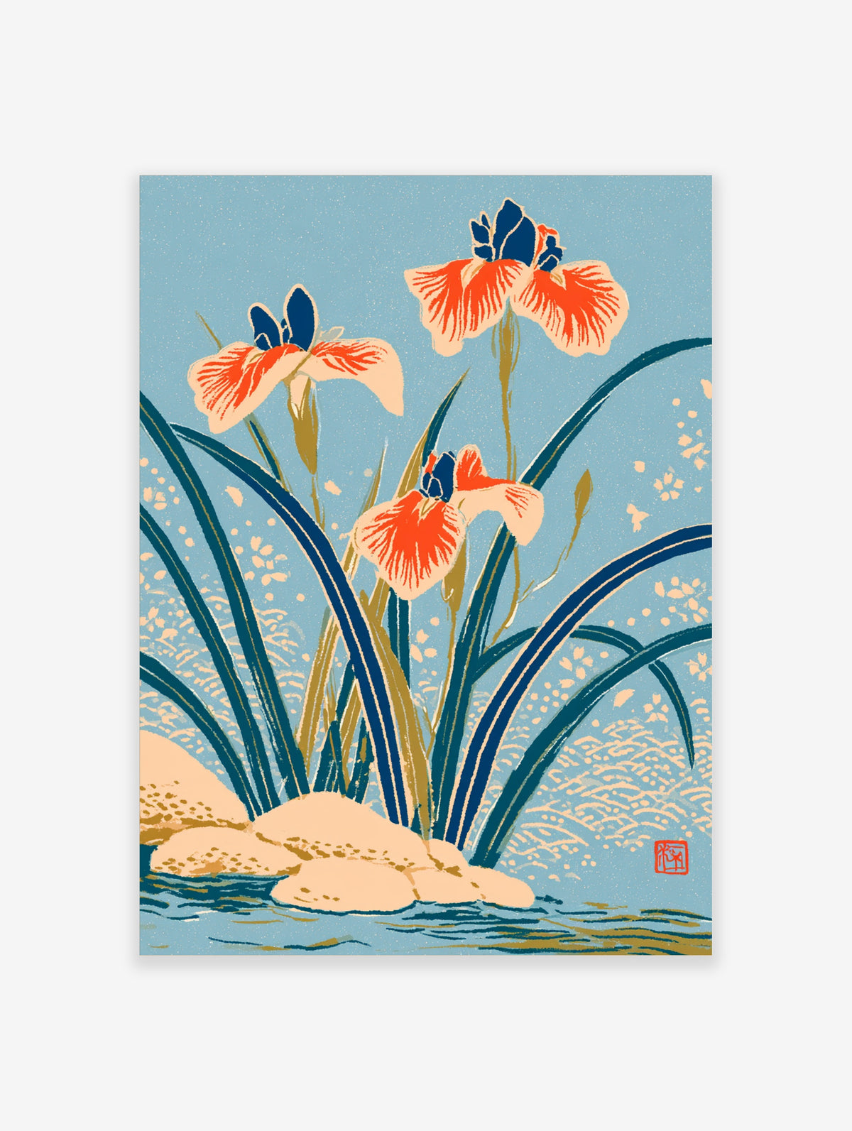 Japanese iris flower art print with orange and navy blooms, green leaves and pale rocks on a blue background