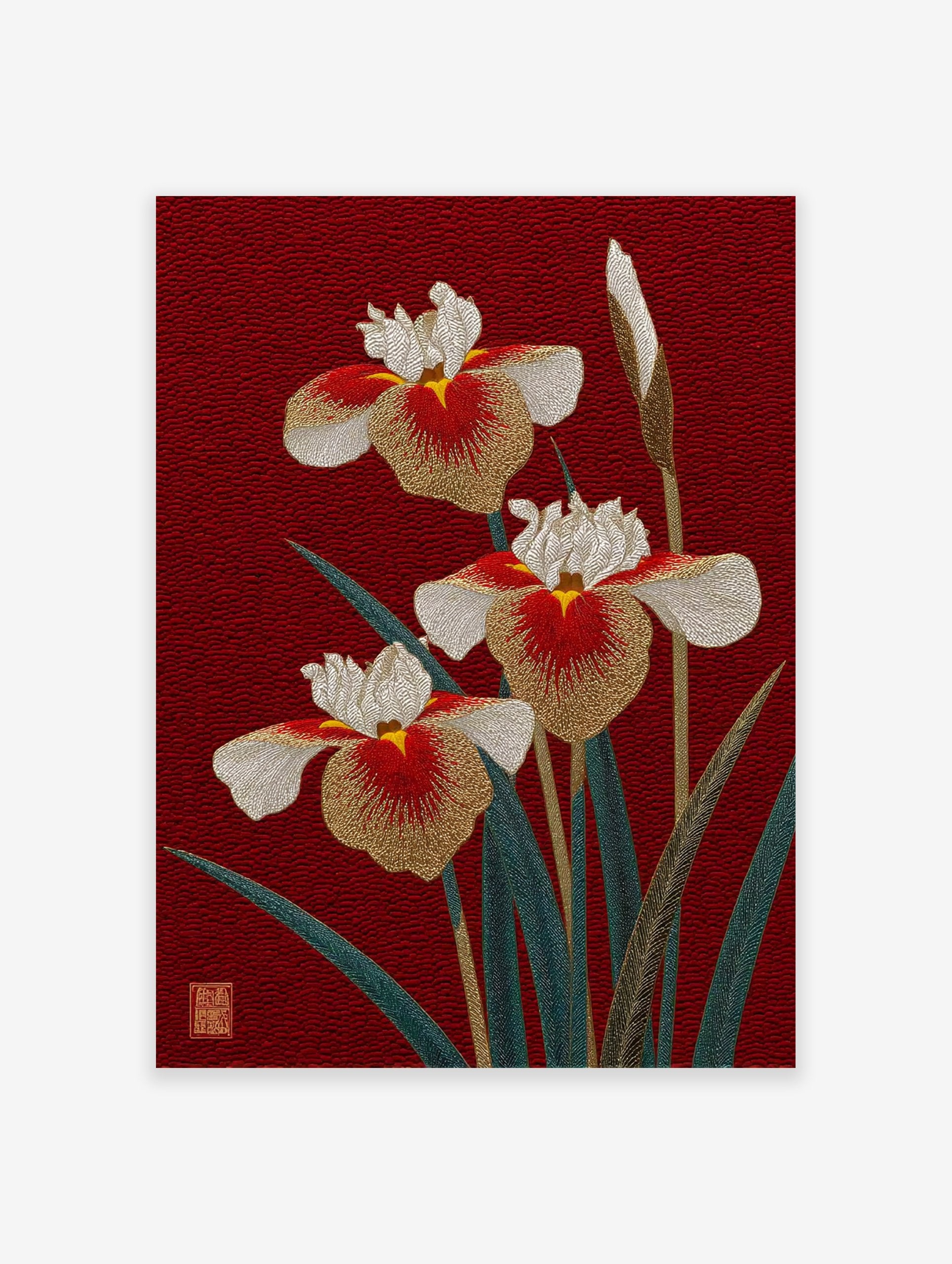 Japanese iris flower poster with three gold, white, and red embroidered-style irises and green leaves on a deep red textured background.