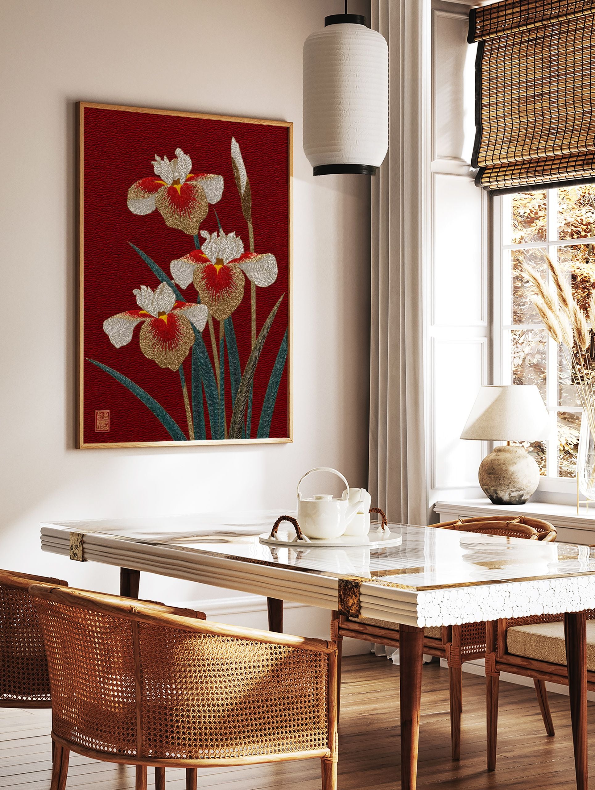 Japanese iris flower poster with three gold, white, and red embroidered-style irises and green leaves on a deep red textured background. - Image 2