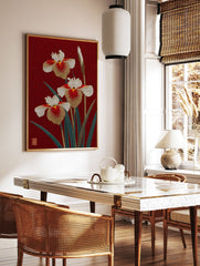 Japanese iris flower poster with three gold, white, and red embroidered-style irises and green leaves on a deep red textured background. - Image 2