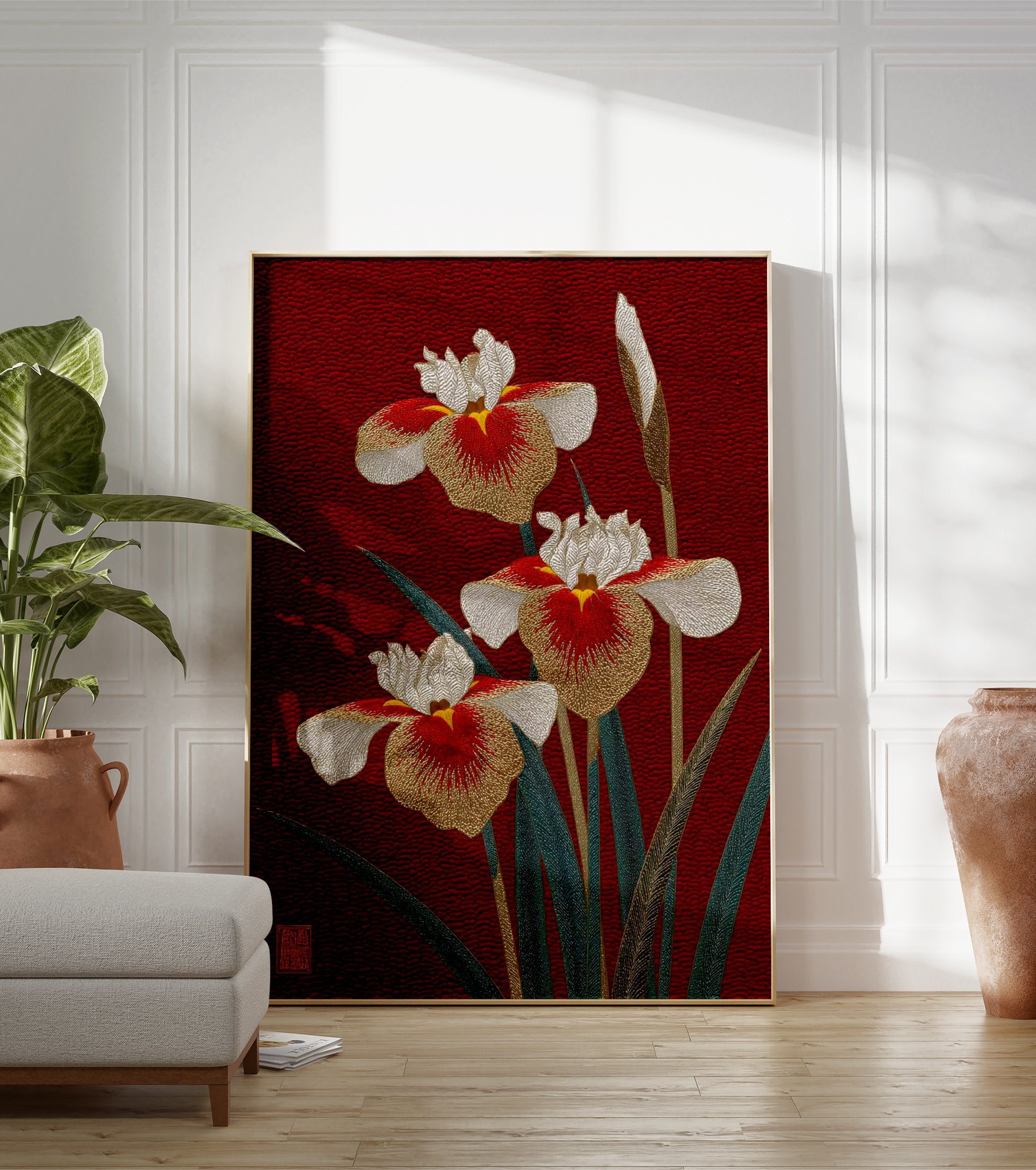 Japanese iris flower poster with three gold, white, and red embroidered-style irises and green leaves on a deep red textured background. - Image 3