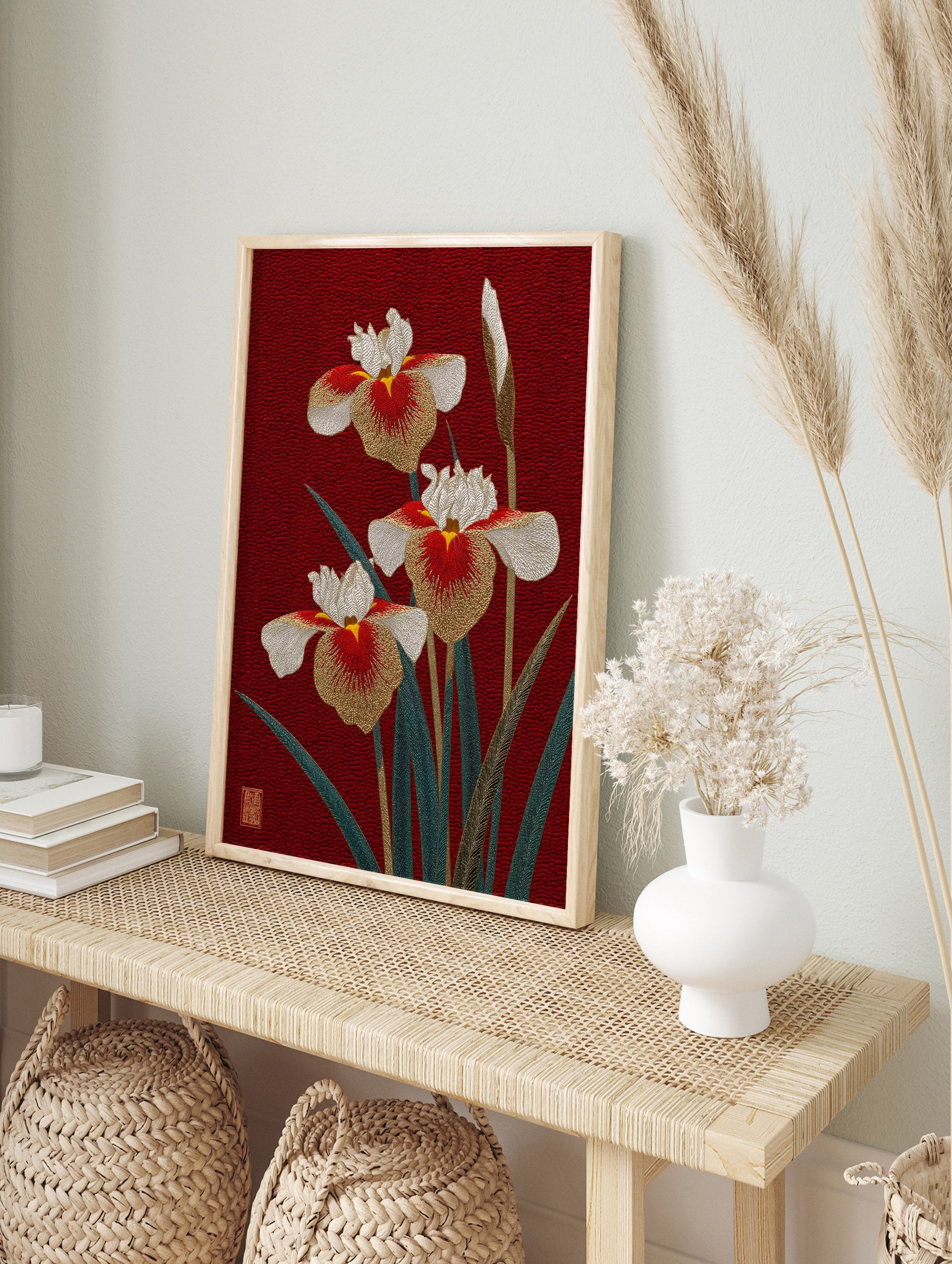 Japanese iris flower poster with three gold, white, and red embroidered-style irises and green leaves on a deep red textured background. - Image 4