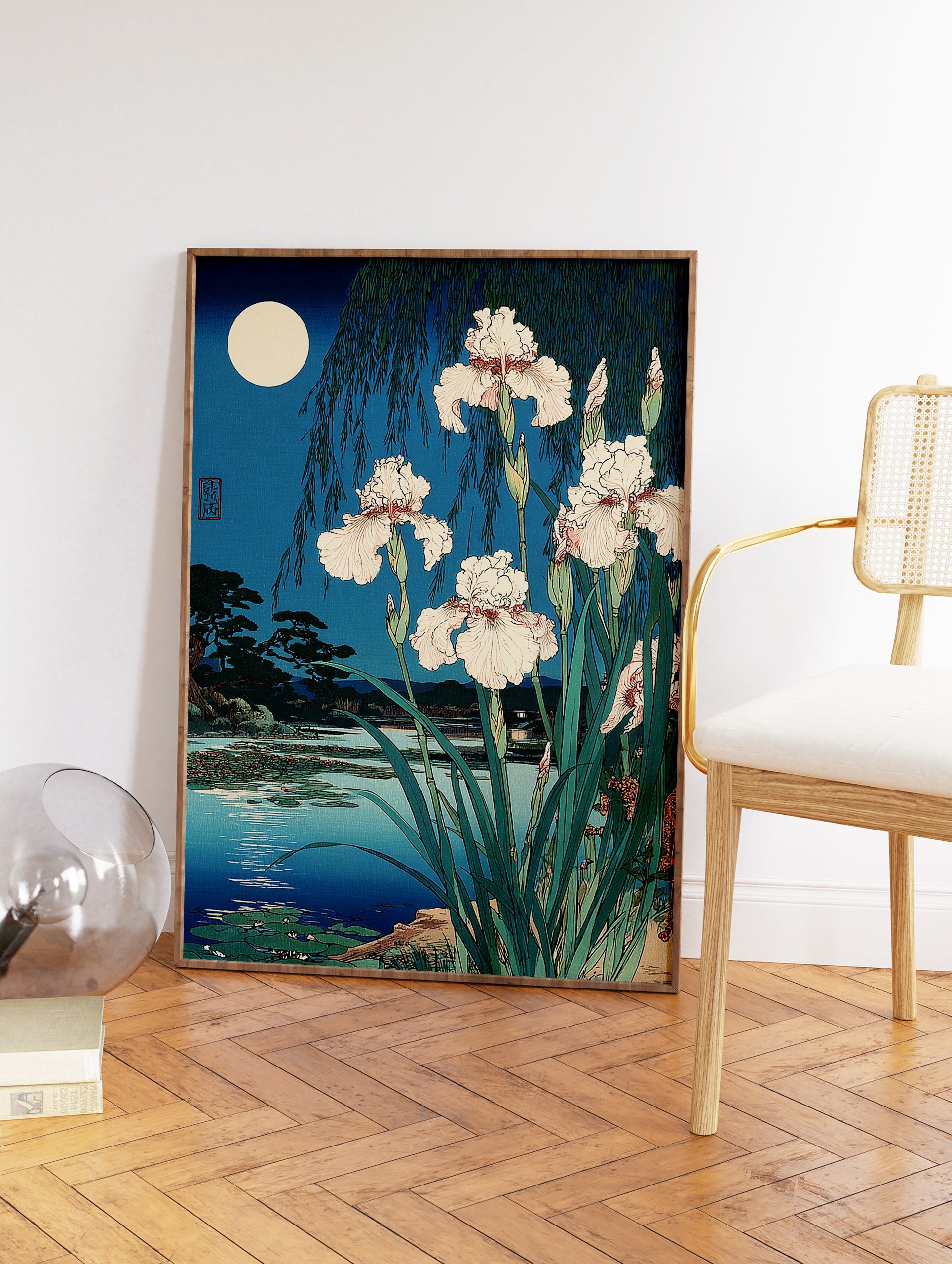 Japanese Iris Wall Art print featuring white irises by a moonlit lake with a willow tree in traditional Ukiyo-e style. - Image 2