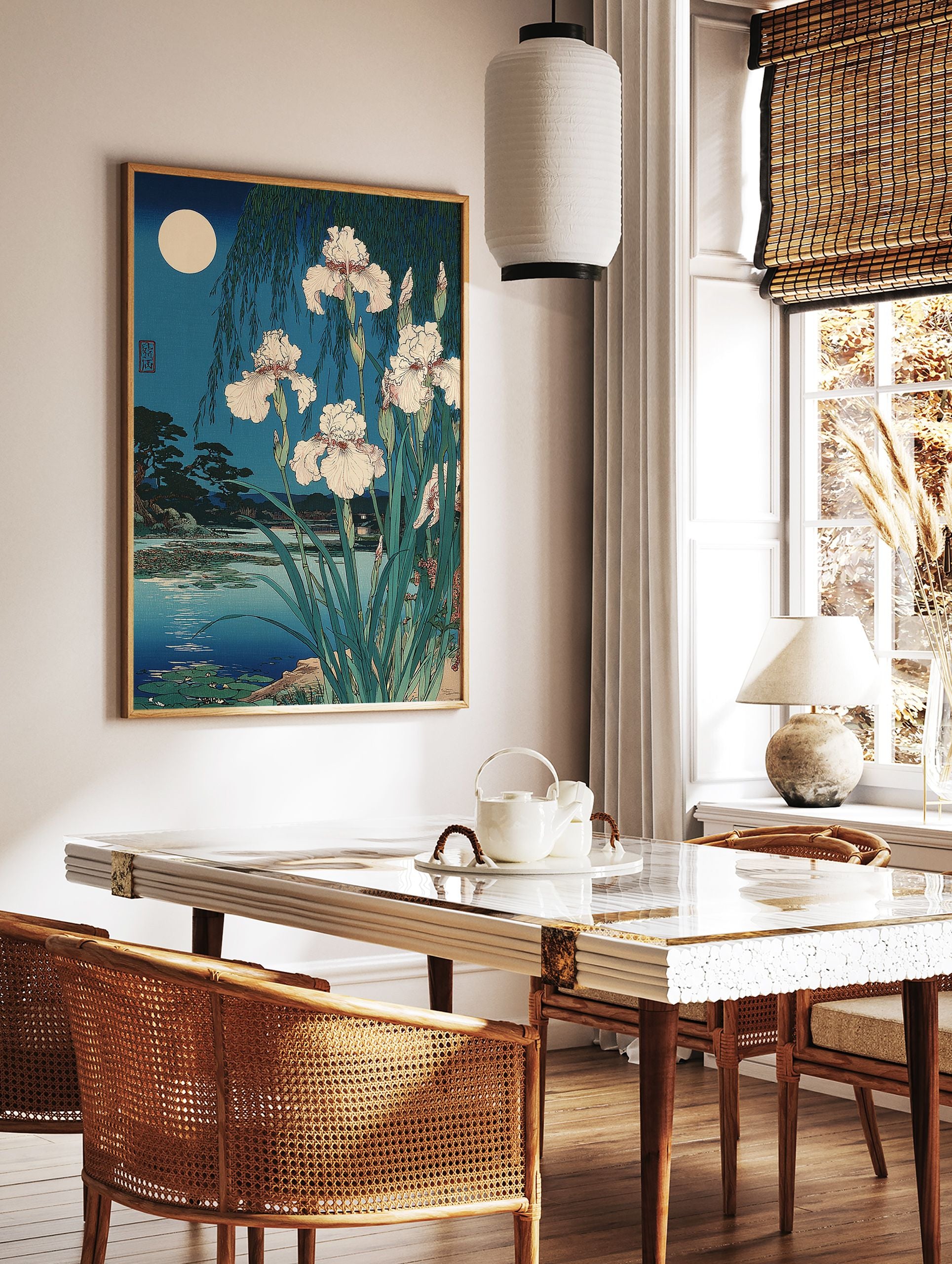 Japanese Iris Wall Art print featuring white irises by a moonlit lake with a willow tree in traditional Ukiyo-e style. - Image 3