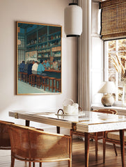 Japanese izakaya bar scene with patrons at a wooden counter, sake bottles on shelves, and menu, in a styled room mockup