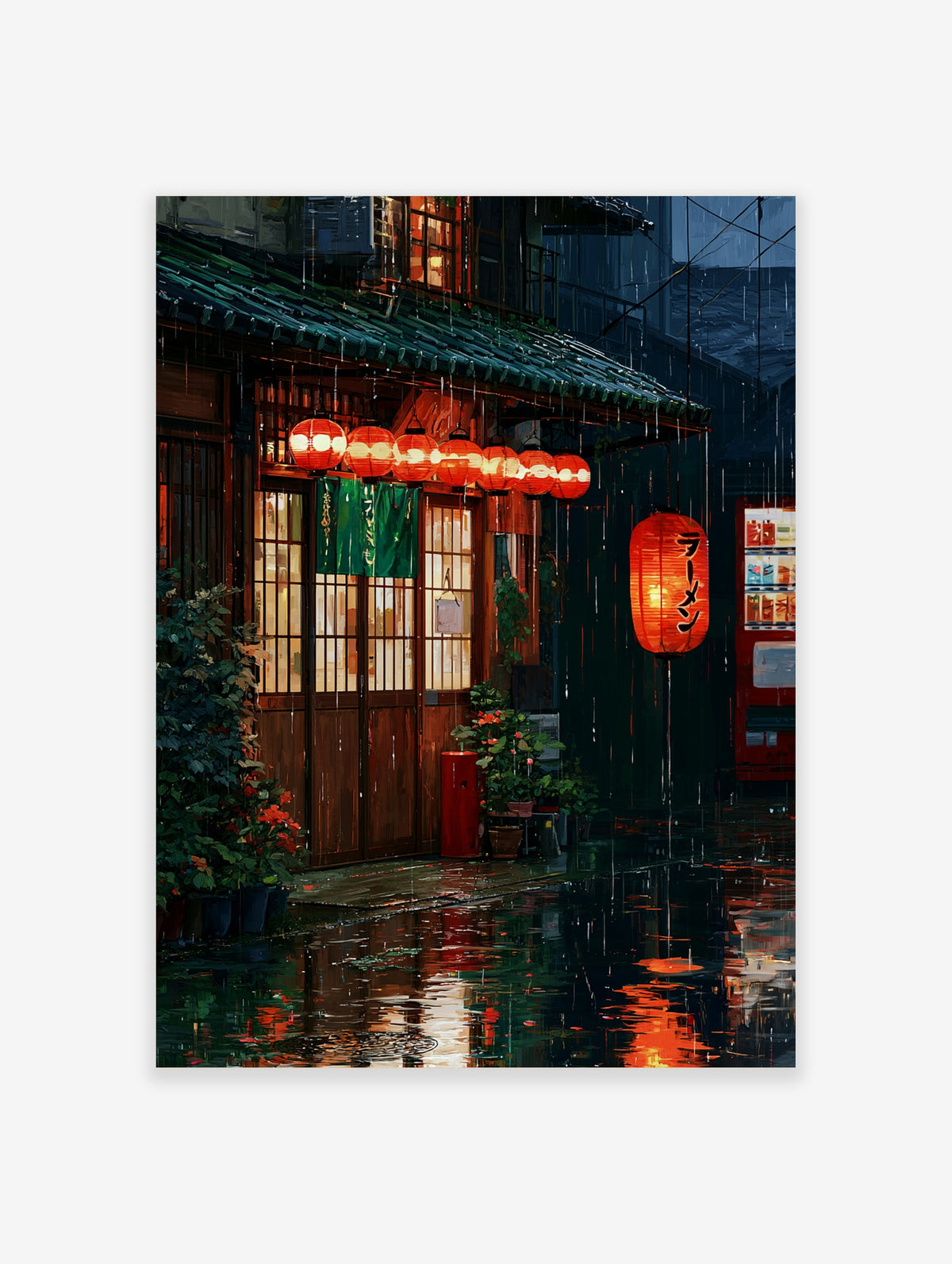 Rainy Japanese izakaya at night with red lanterns, green noren curtain, and wet street reflections