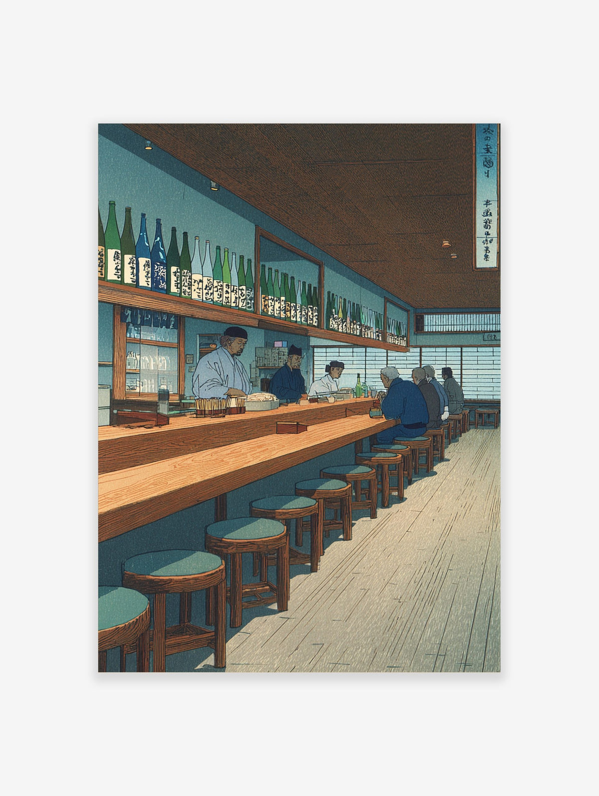Illustrative Japanese izakaya bar scene with patrons, staff, and many sake bottles on shelves, in teal and wood tones