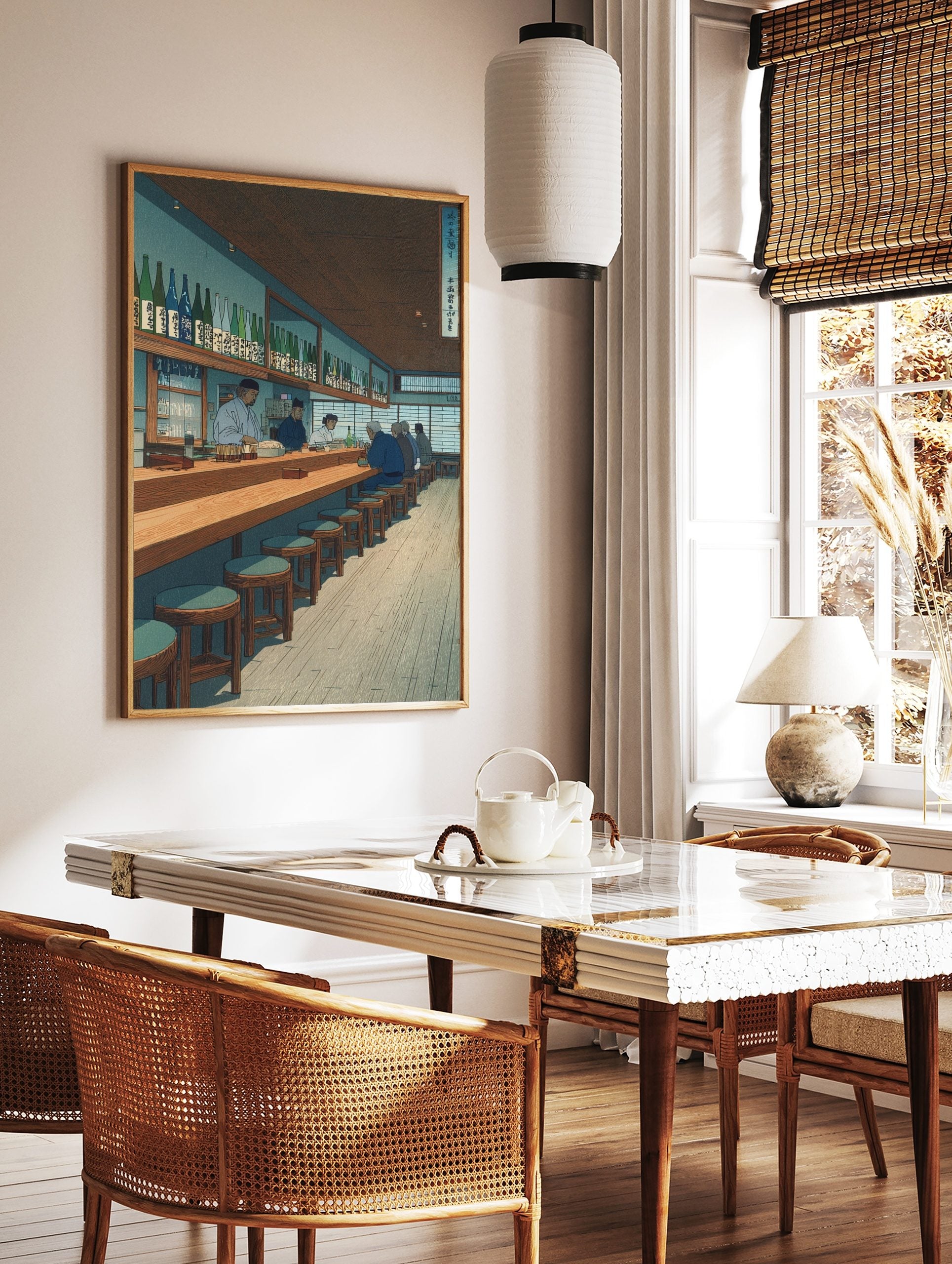 Japanese Izakaya interior art print with patrons and staff at a long wooden counter, shelves of, in a styled room mockup