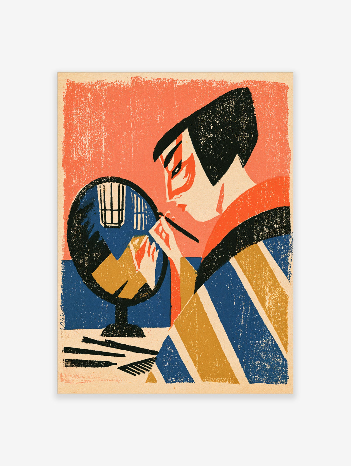 Japanese kabuki actor applying makeup at a round mirror, orange blue black graphic print