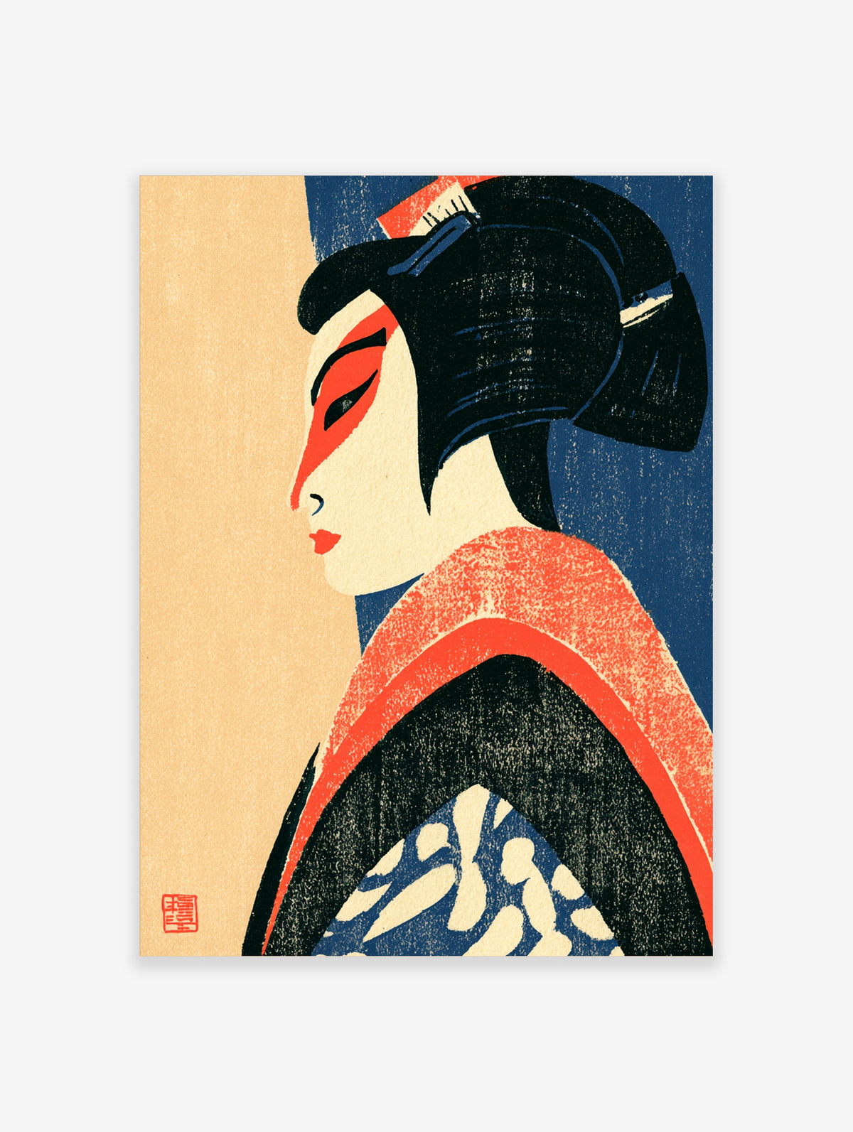 Japanese kabuki actor profile portrait with red makeup and blue robe in ukiyo-e style