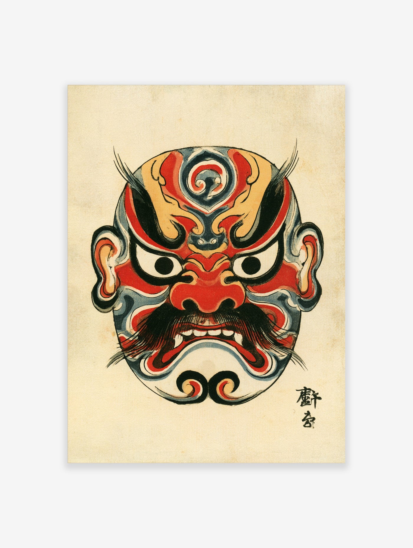 Japanese kabuki mask illustration with red, black, and blue theatrical makeup on a neutral background