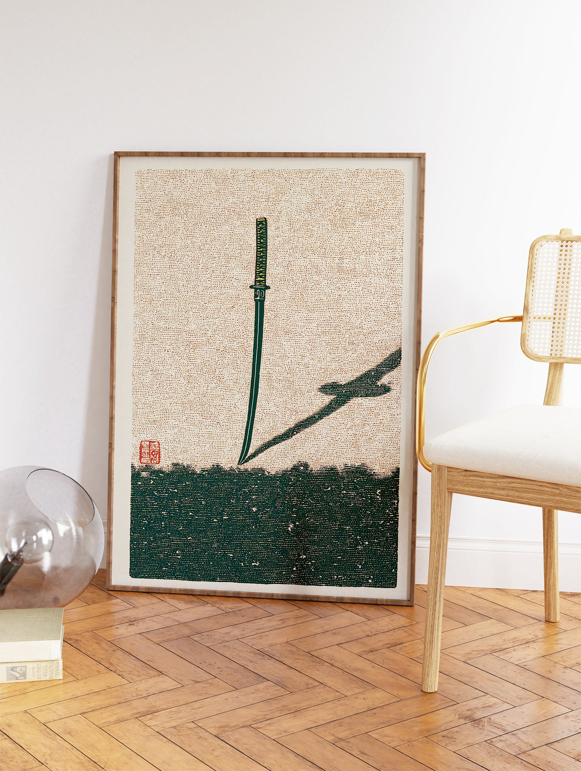 Minimalist Japanese Katana art print featuring a green samurai sword stuck in textured ground with a long shadow and red seal. - Image 2