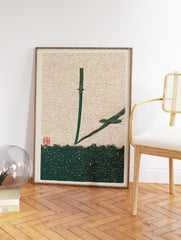 Minimalist Japanese Katana art print featuring a green samurai sword stuck in textured ground with a long shadow and red seal. - Image 2