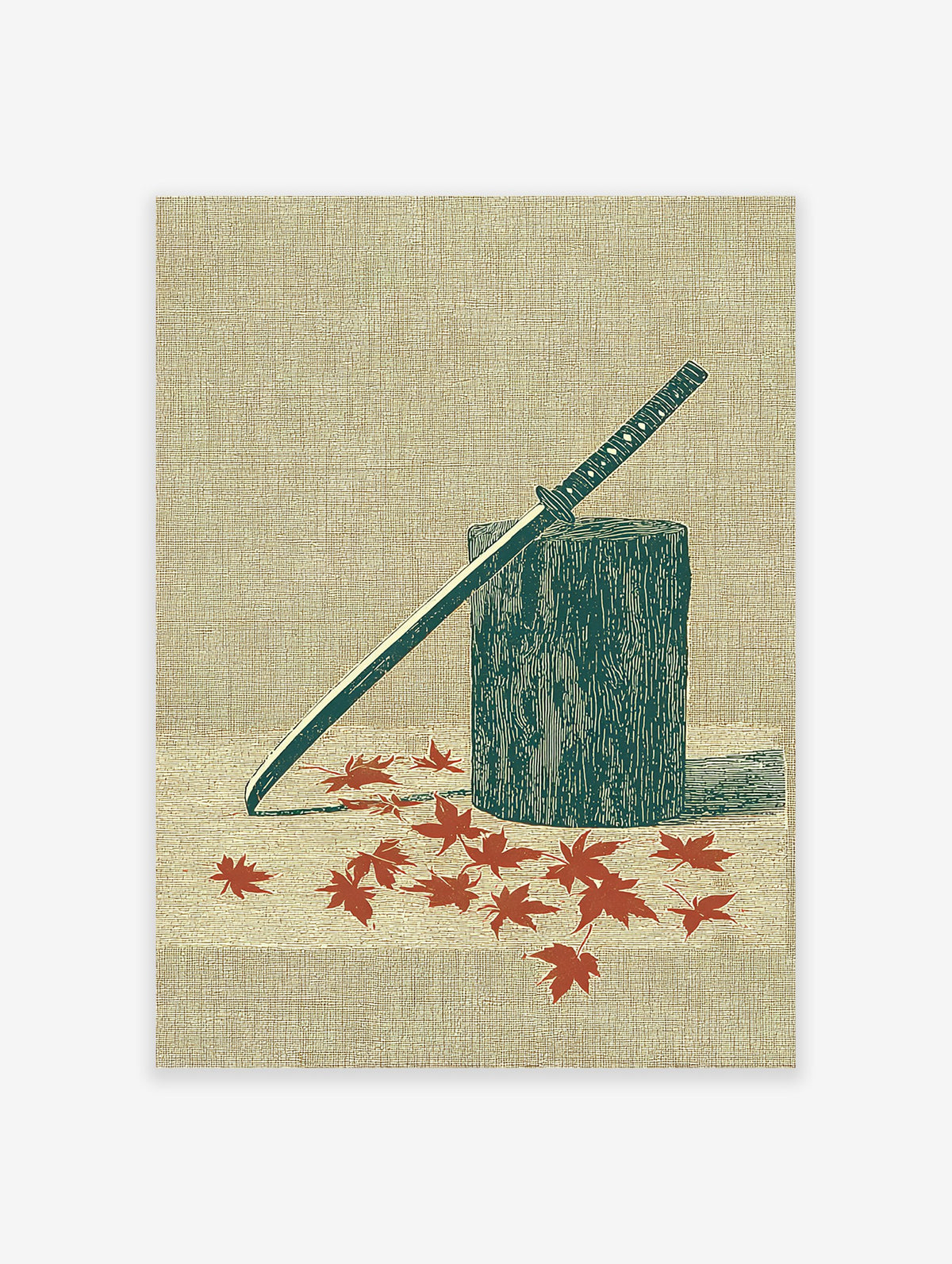Japanese katana samurai sword leaning on a wooden stump with red maple leaves scattered around, illustrated art print.