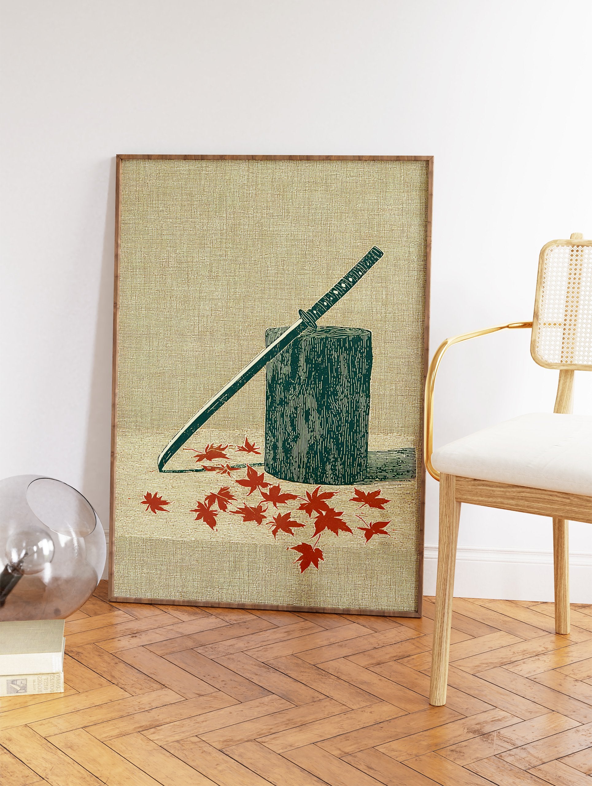Japanese katana samurai sword leaning on a wooden stump with red maple leaves scattered around, illustrated art print. - Image 2