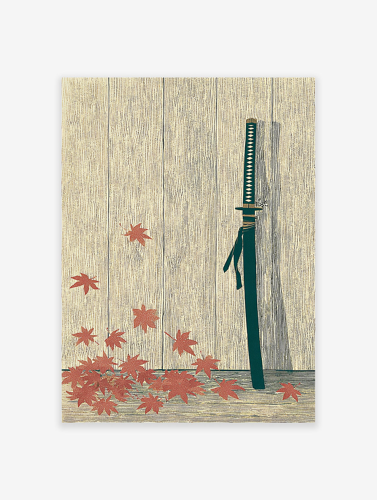 Japanese Katana wall art print with a samurai sword, dark green scabbard, and red maple leaves on a light wood background.