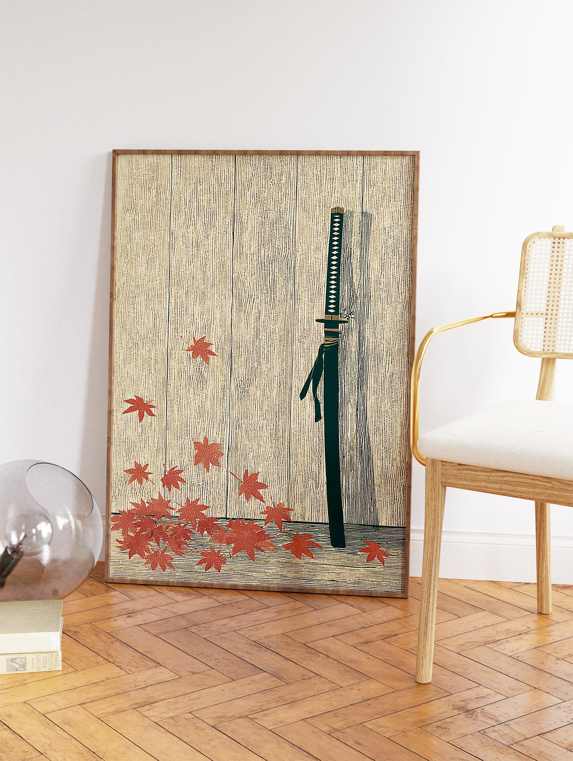 Japanese Katana wall art print with a samurai sword, dark green scabbard, and red maple leaves on a light wood background. - Image 2