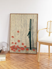 Japanese Katana wall art print with a samurai sword, dark green scabbard, and red maple leaves on a light wood background. - Image 2