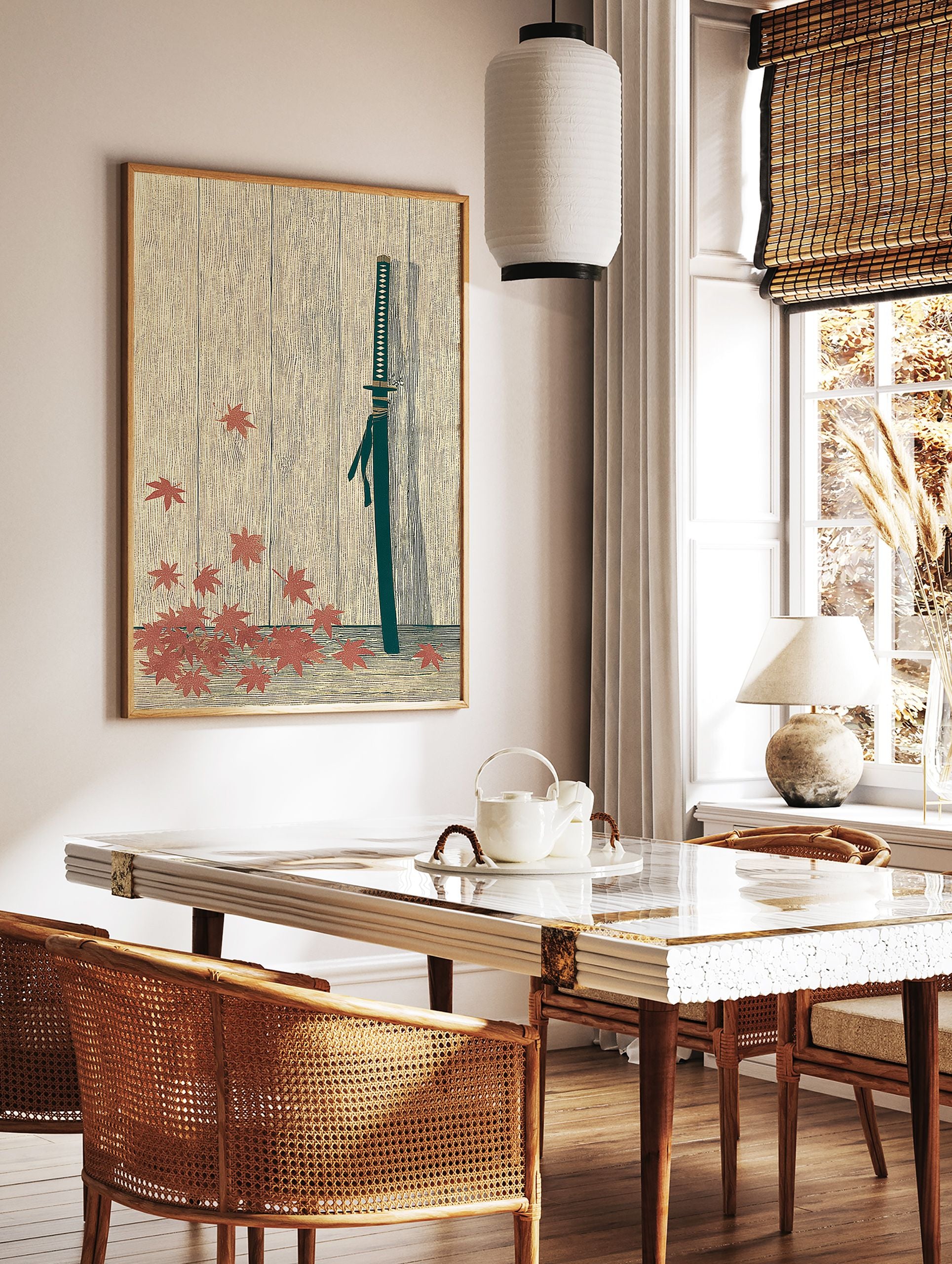 Japanese Katana wall art print with a samurai sword, dark green scabbard, and red maple leaves on a light wood background. - Image 3