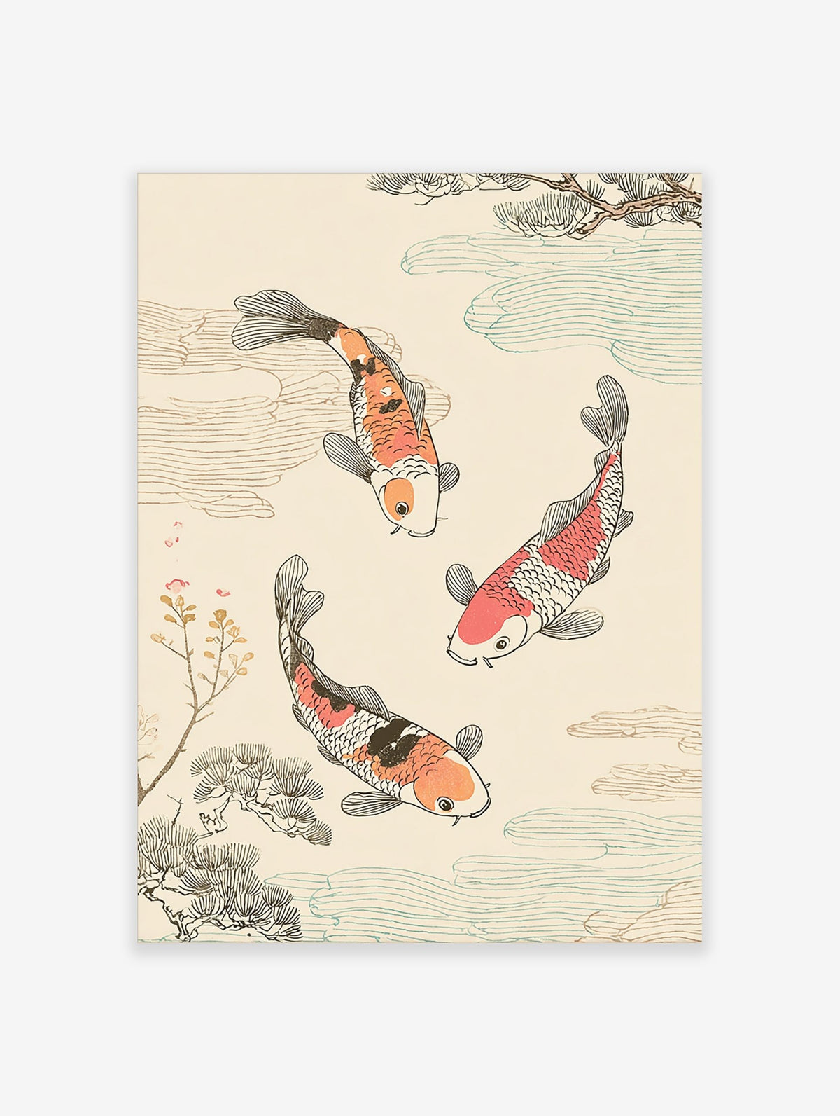 Japanese illustrative print of three orange, red, black, and white koi fish swimming with stylised water and pine branches