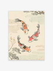 Japanese illustrative print of three orange, red, black, and white koi fish swimming with stylised water and pine branches