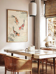 Japanese illustrative print of three orange, red, black, and white koi fish swimming with stylised, in a styled room mockup