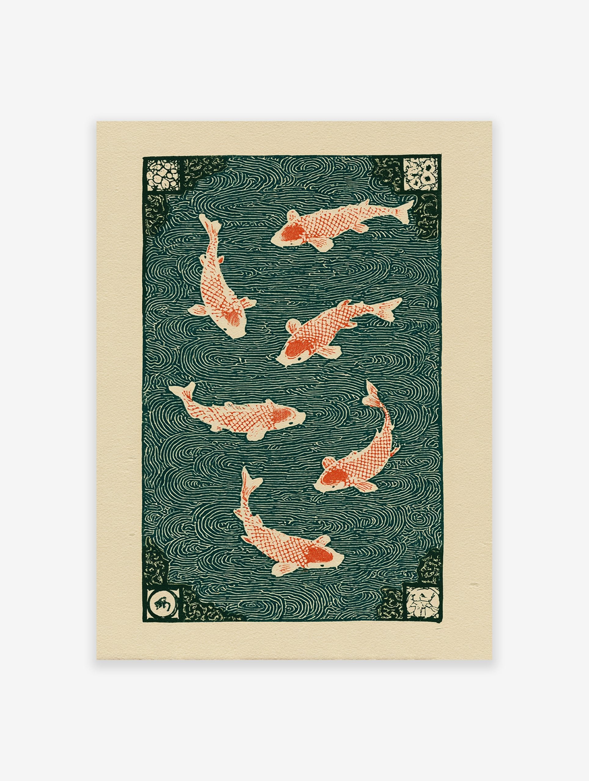 Japanese woodblock style art print featuring six red koi fish swimming in dark teal water with swirling wave patterns.
