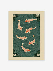 Japanese woodblock style art print featuring six red koi fish swimming in dark teal water with swirling wave patterns.