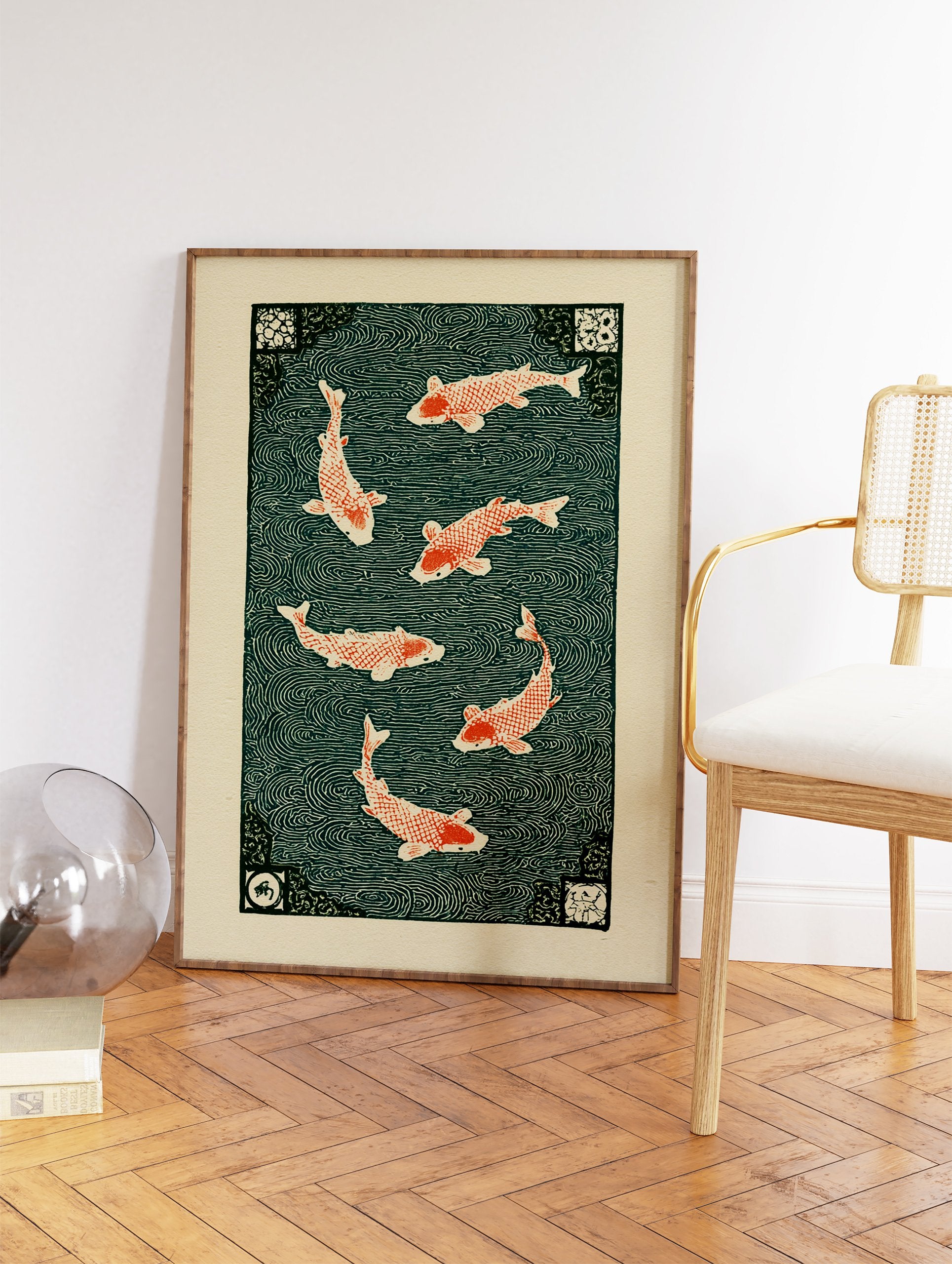 Japanese woodblock style art print featuring six red koi fish swimming in dark teal water with swirling wave patterns. - Image 2