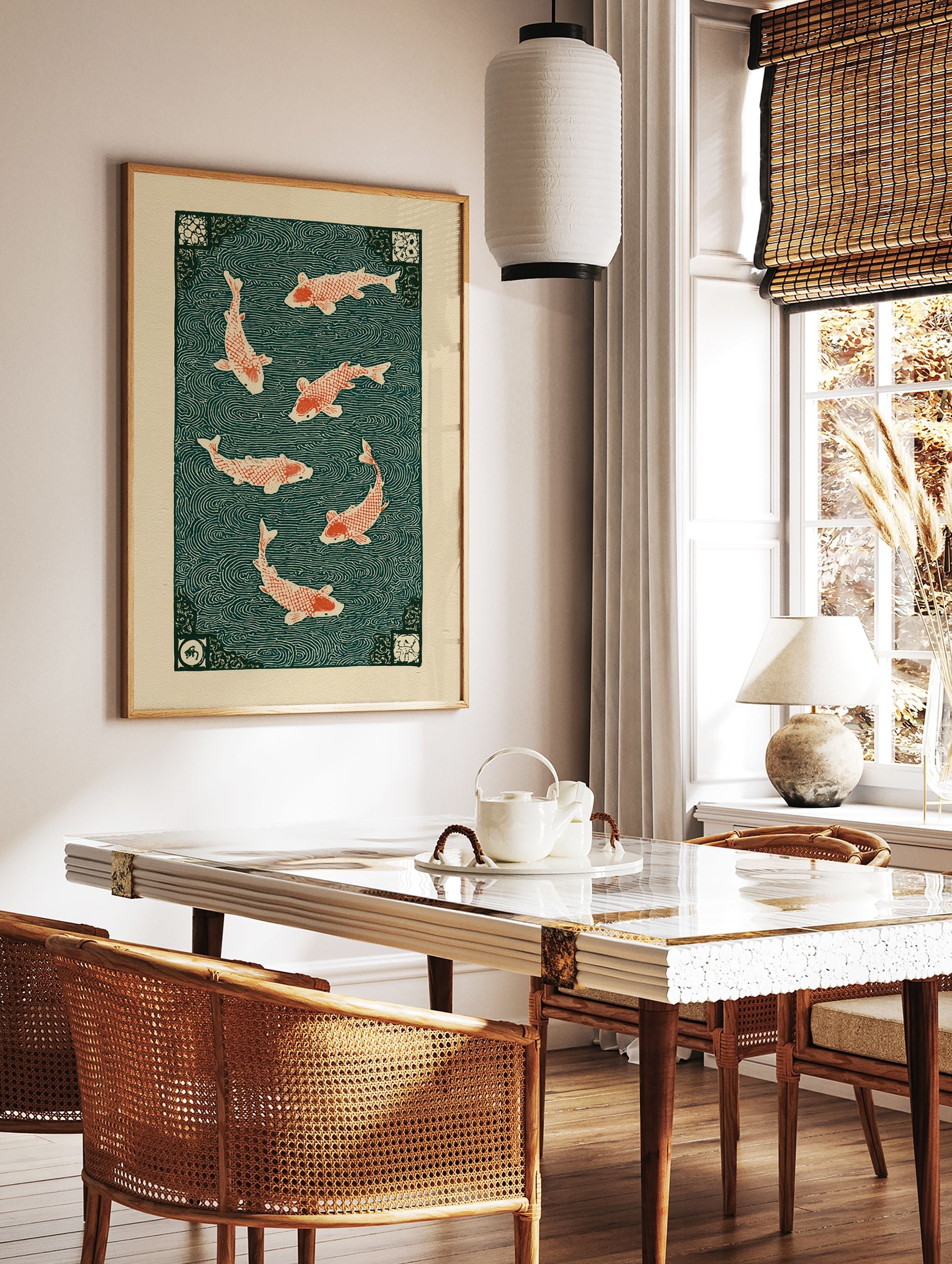 Japanese woodblock style art print featuring six red koi fish swimming in dark teal water with swirling wave patterns. - Image 3