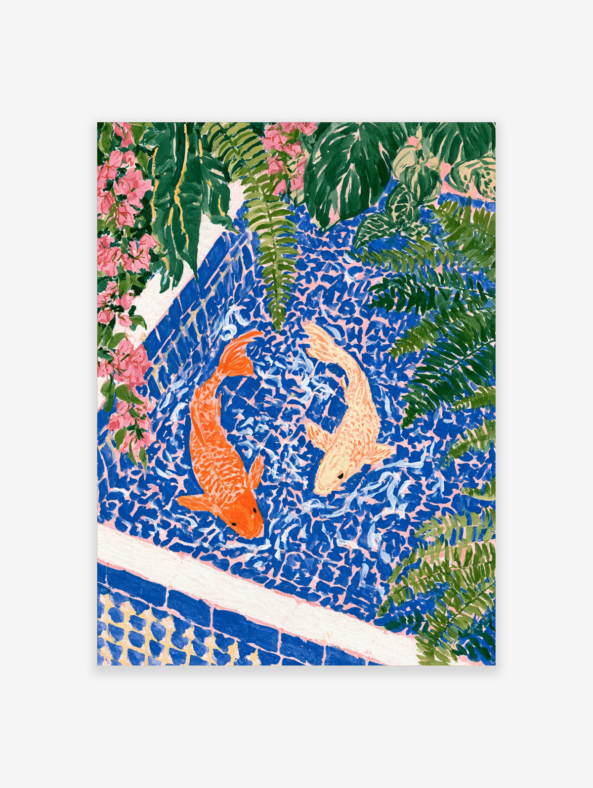 Japanese koi fish poster with orange and cream koi swimming in a blue mosaic tile pond, surrounded by green leaves and pink