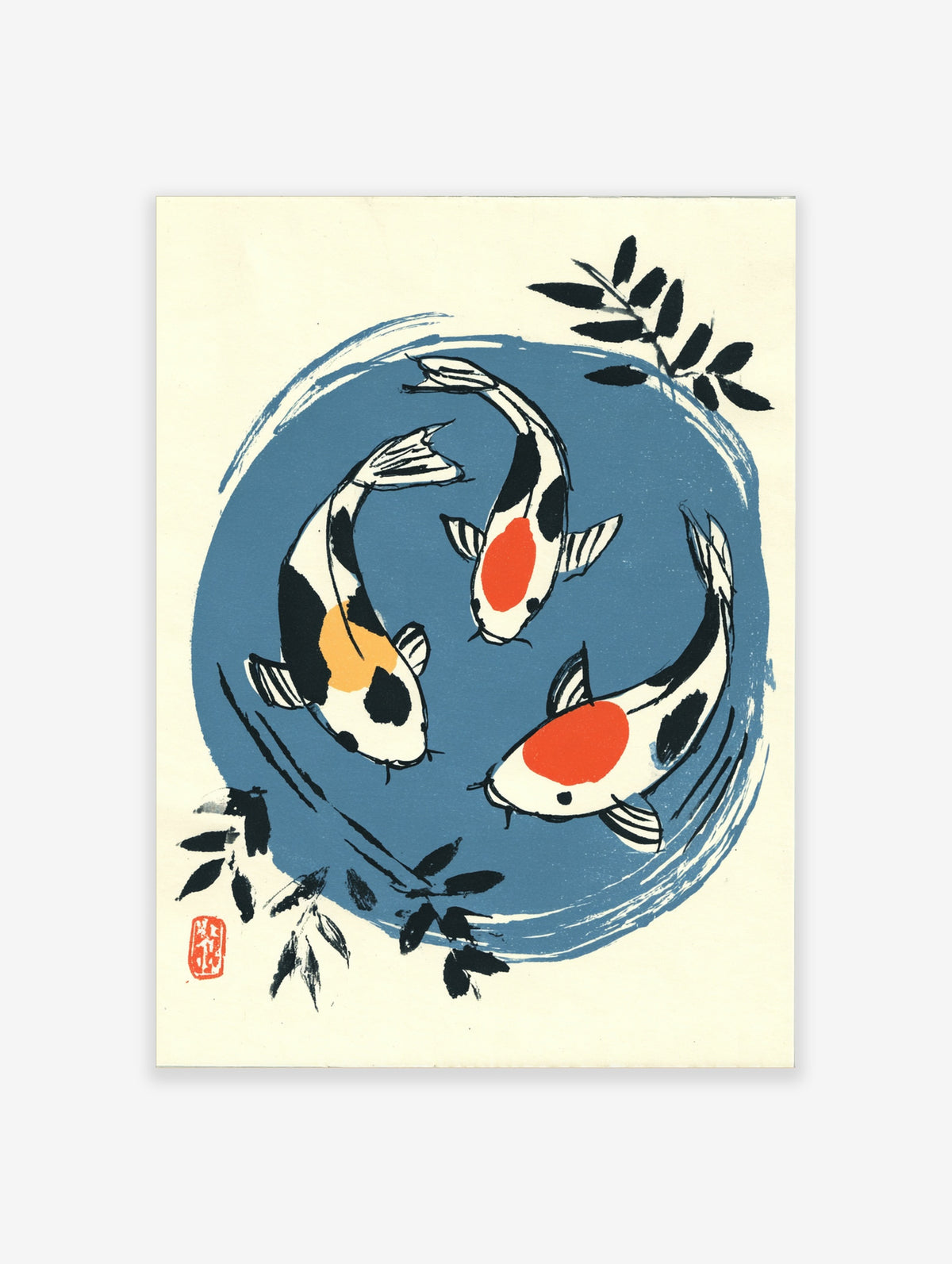 Japanese koi fish poster with three carp circling blue water, black and white bodies, red and orange markings, and black