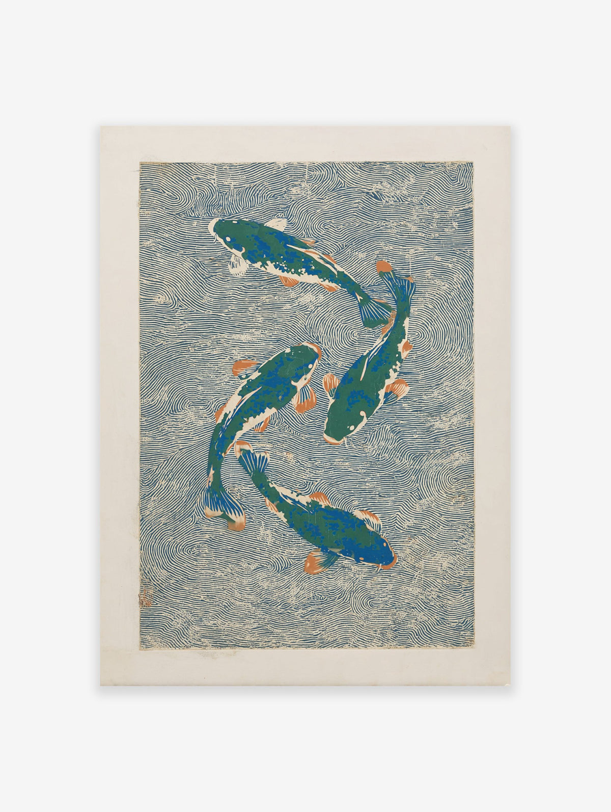 Japanese koi fish poster featuring four green and blue koi with orange fins swimming in swirling blue water, woodblock print style.