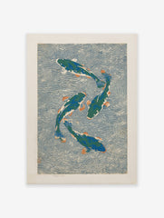 Japanese koi fish poster featuring four green and blue koi with orange fins swimming in swirling blue water, woodblock print style.