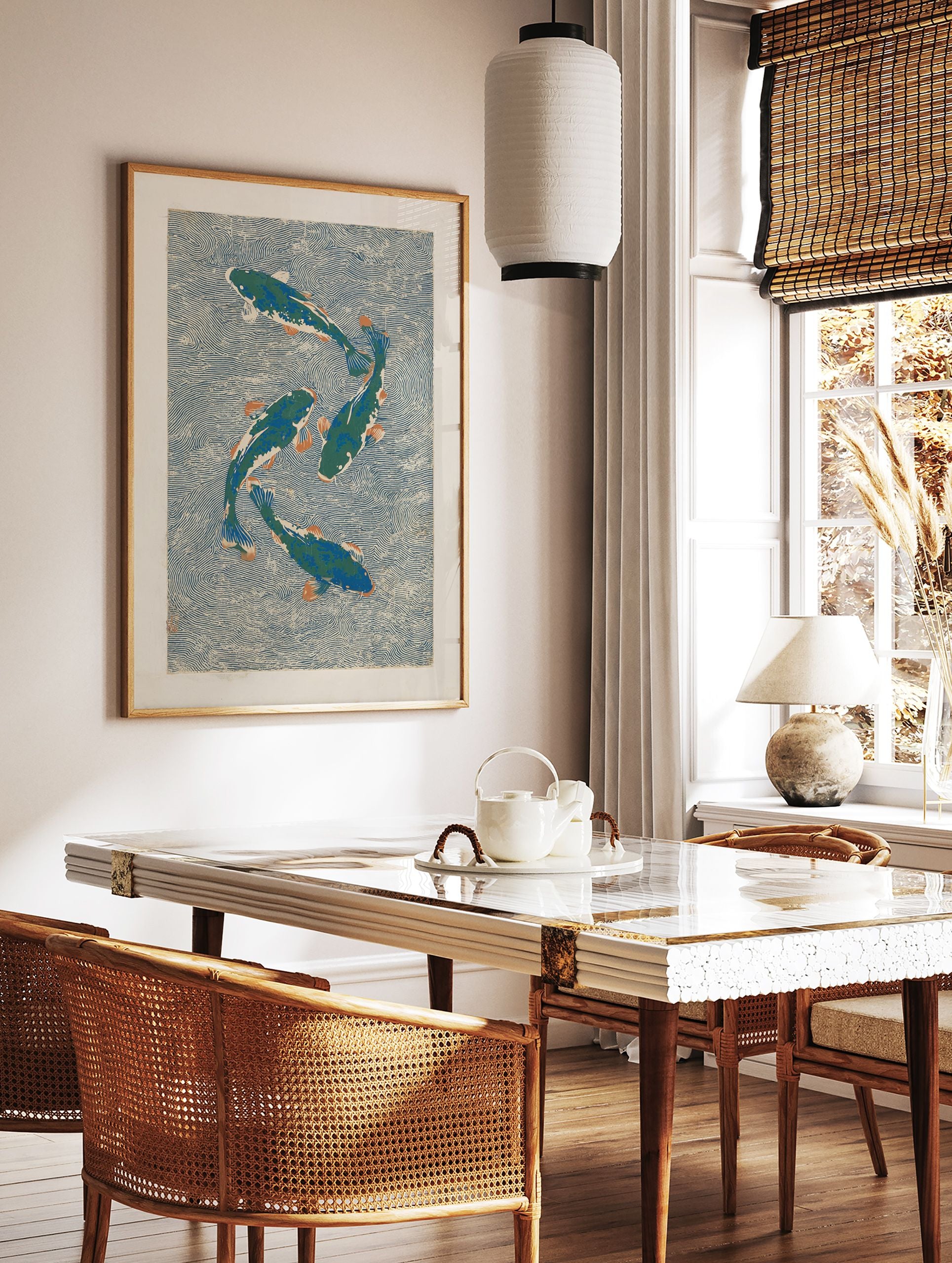 Japanese koi fish poster featuring four green and blue koi with orange fins swimming in swirling blue water, woodblock print style. - Image 2