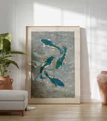 Japanese koi fish poster featuring four green and blue koi with orange fins swimming in swirling blue water, woodblock print style. - Image 3