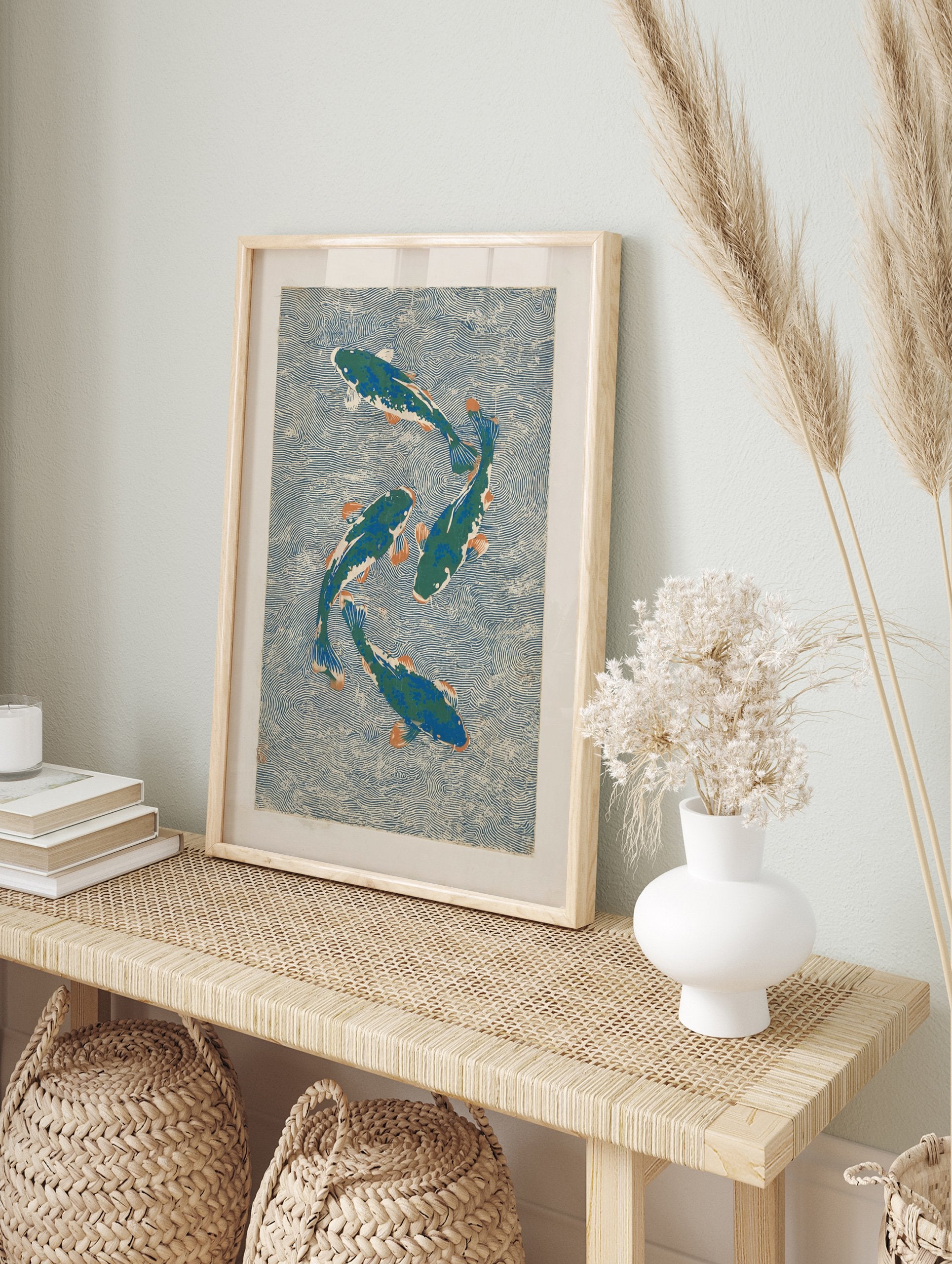Japanese koi fish poster featuring four green and blue koi with orange fins swimming in swirling blue water, woodblock print style. - Image 4