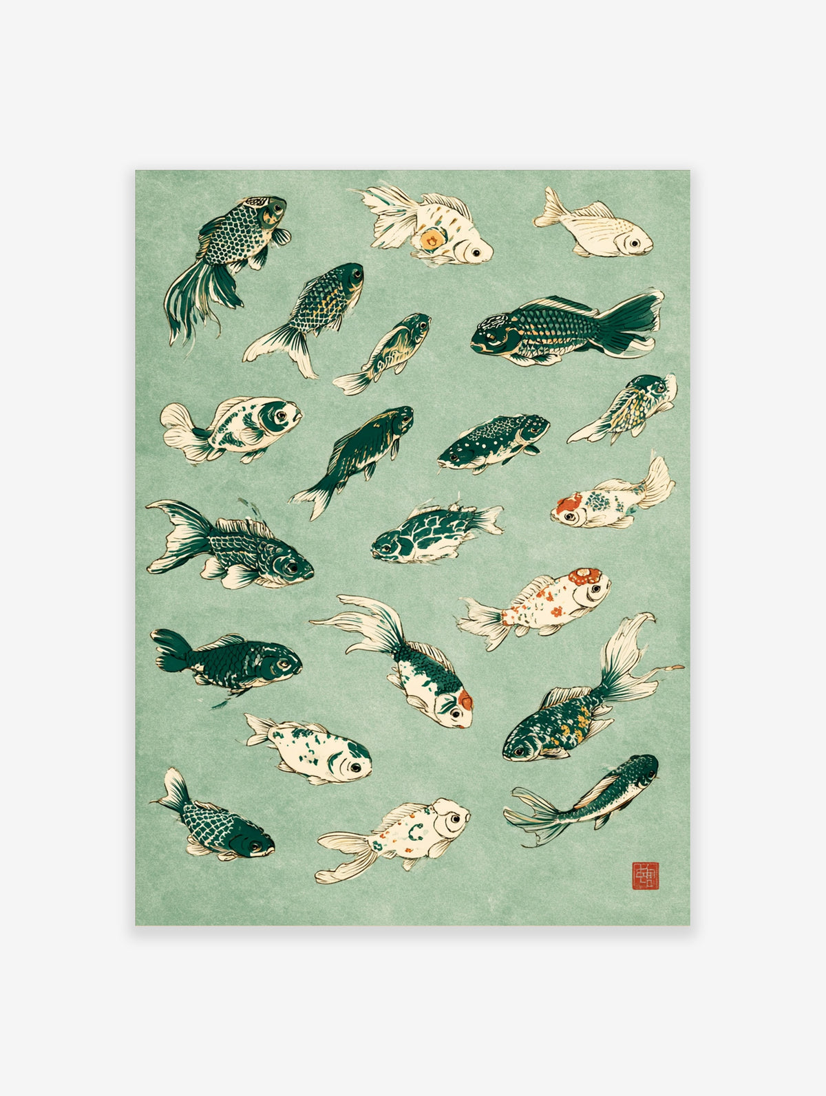 Japanese koi and goldfish illustration poster with green, white, and orange fish on a pale teal background