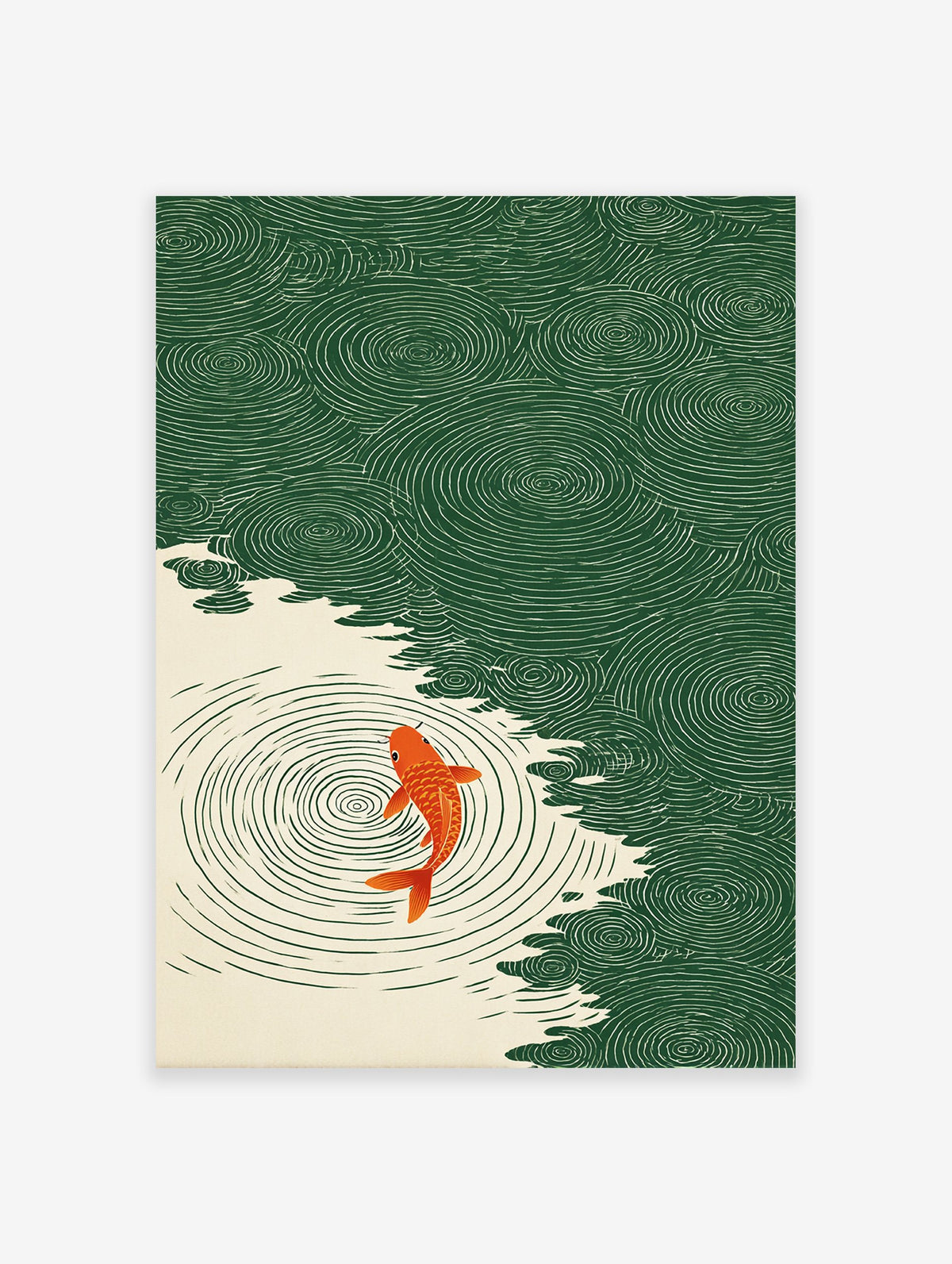 Japanese Koi Fish Poster swimming in green water with concentric ripples and an illustrative style.