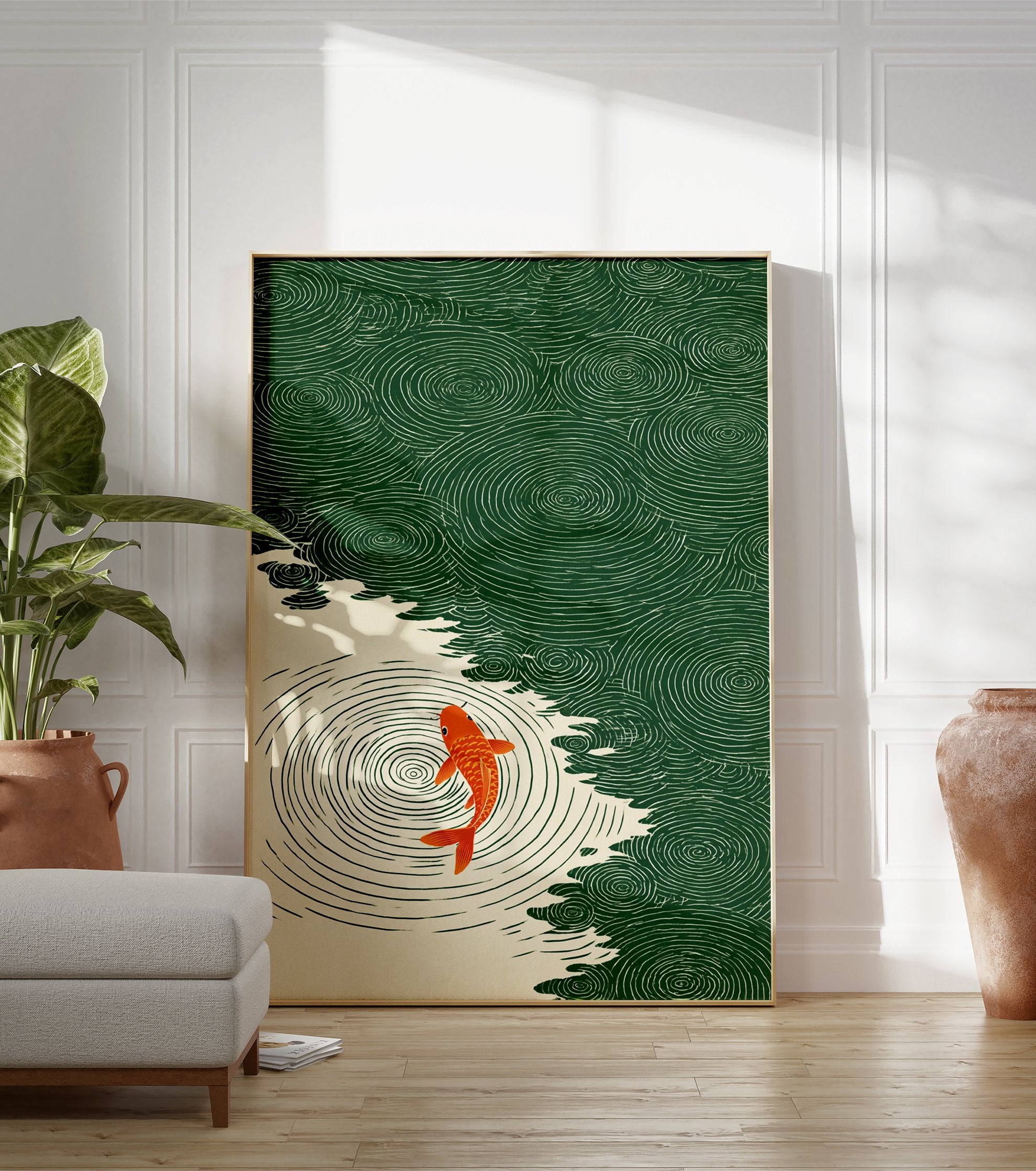 Japanese Koi Fish Poster swimming in green water with concentric ripples and an illustrative style. - Image 3