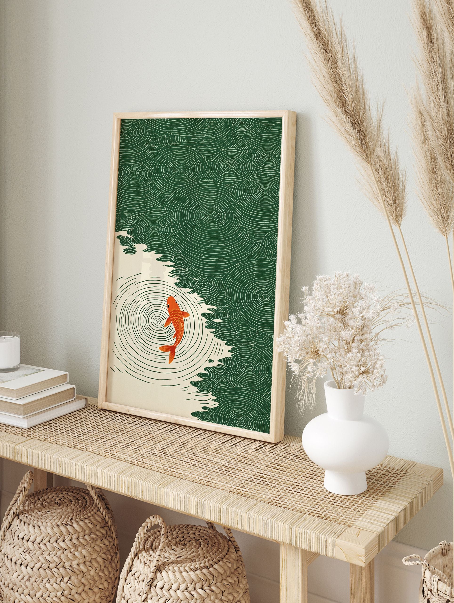 Japanese Koi Fish Poster swimming in green water with concentric ripples and an illustrative style. - Image 4