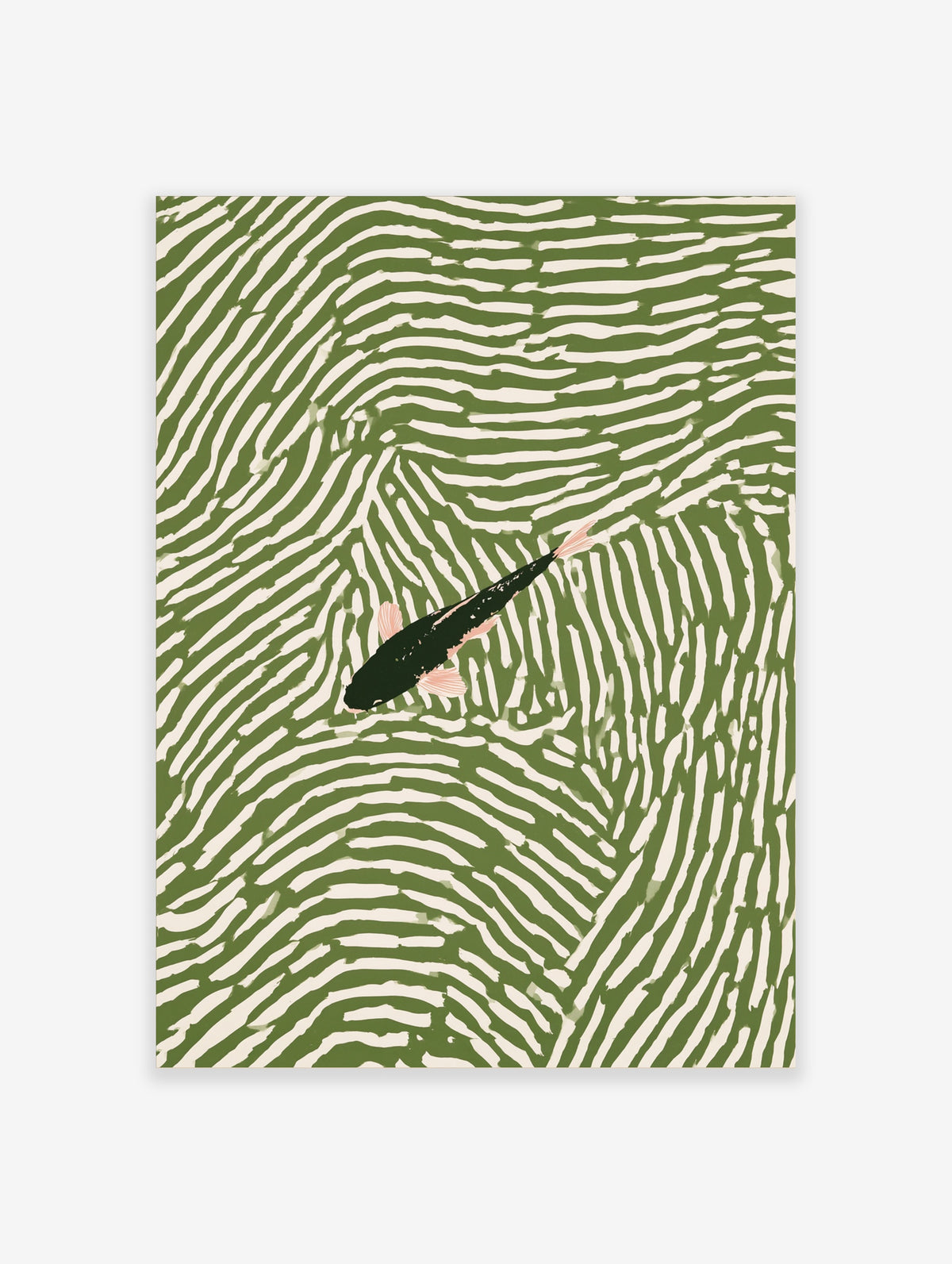 Dark green koi fish with pink fins on wavy green and cream background, Japanese style animal poster