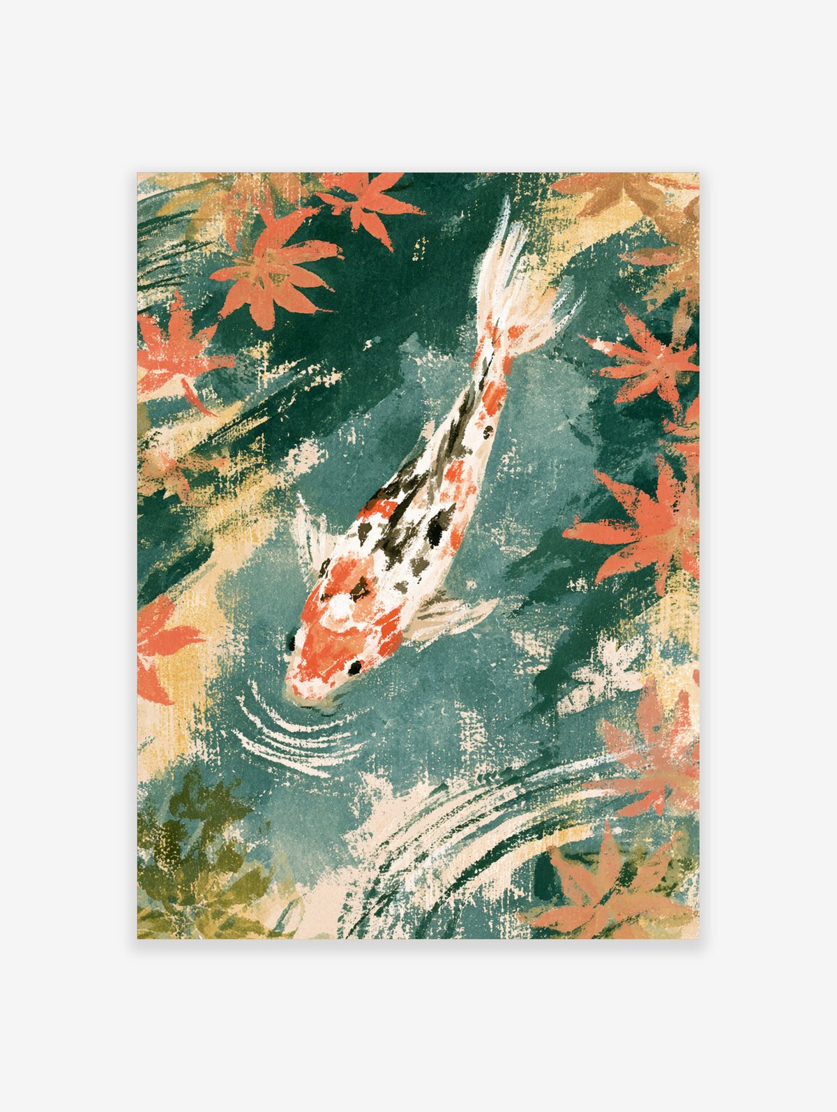 Japanese koi fish art print with orange and white koi, red maple leaves, and green water ripples