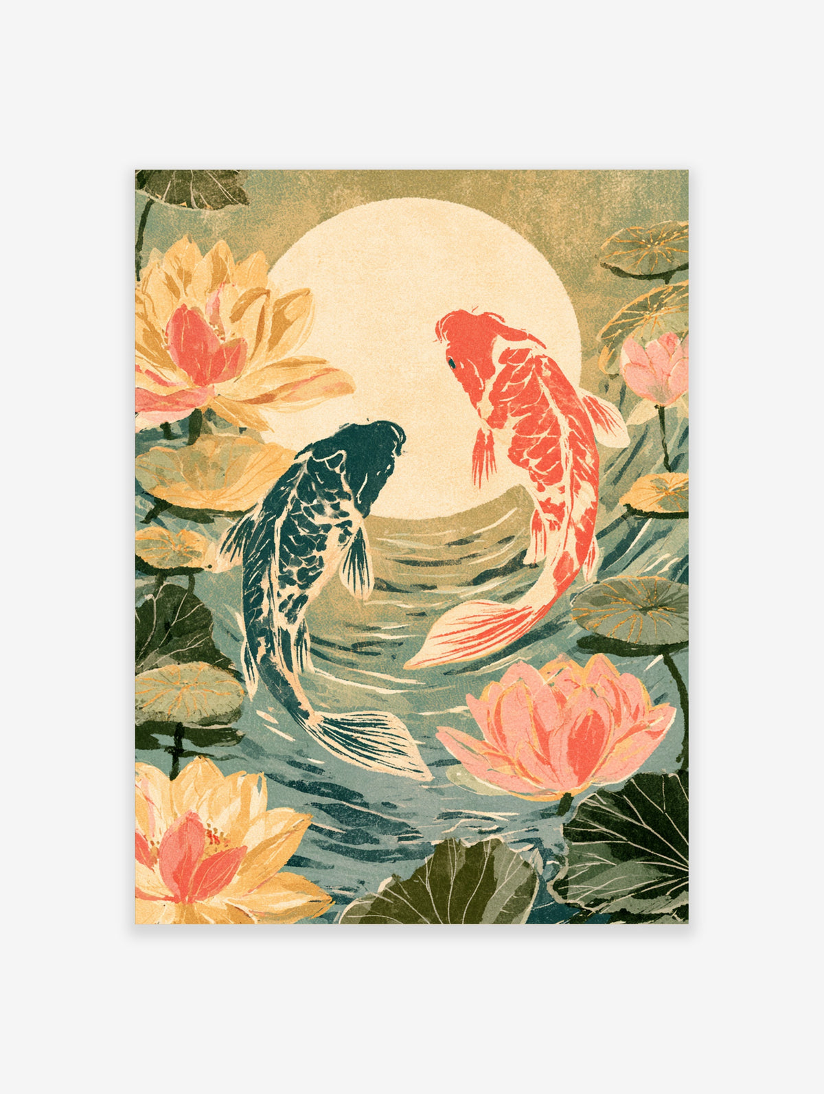 Japanese koi fish poster with red and black carp circling a full moon above lotus flowers in a pond