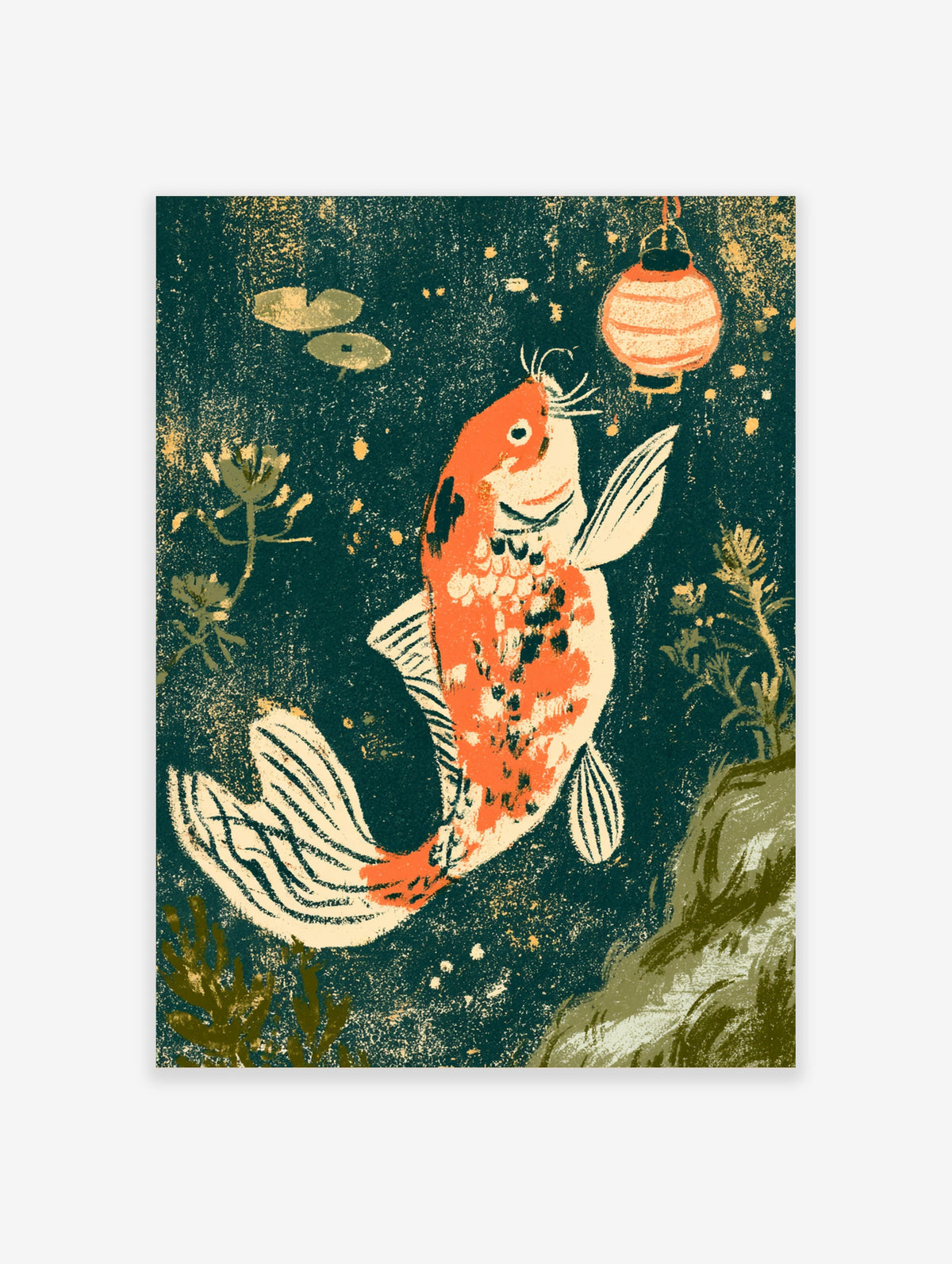 Orange and white koi fish swimming toward a red lantern in teal water with gold speckles