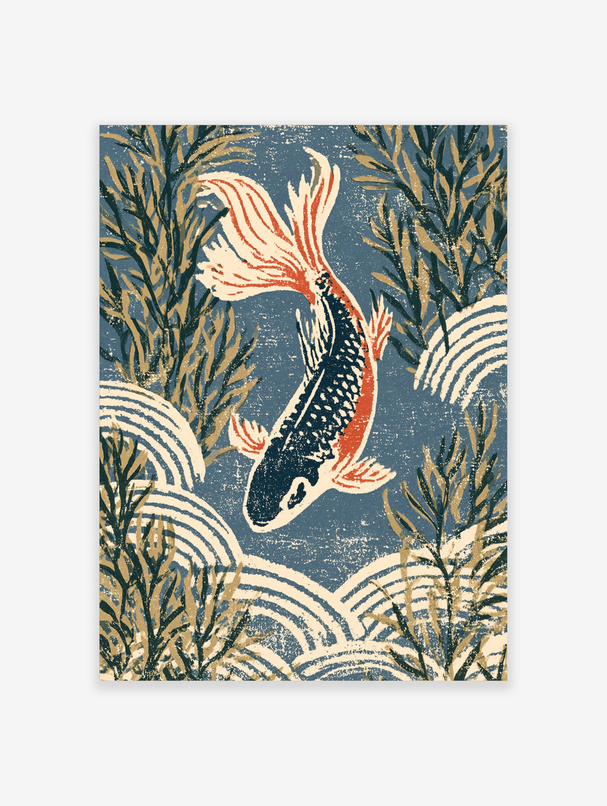 Japanese koi fish poster with red and black carp swimming among blue waves and golden seaweed