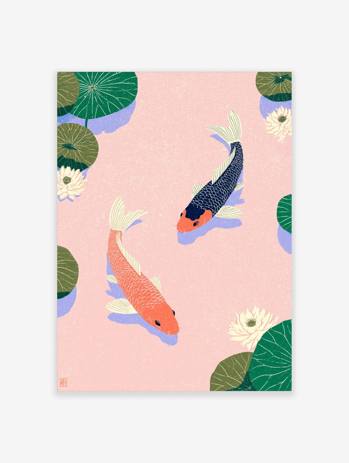 Japanese koi fish poster with two carp, lotus leaves, and pink water lilies on a soft pink background