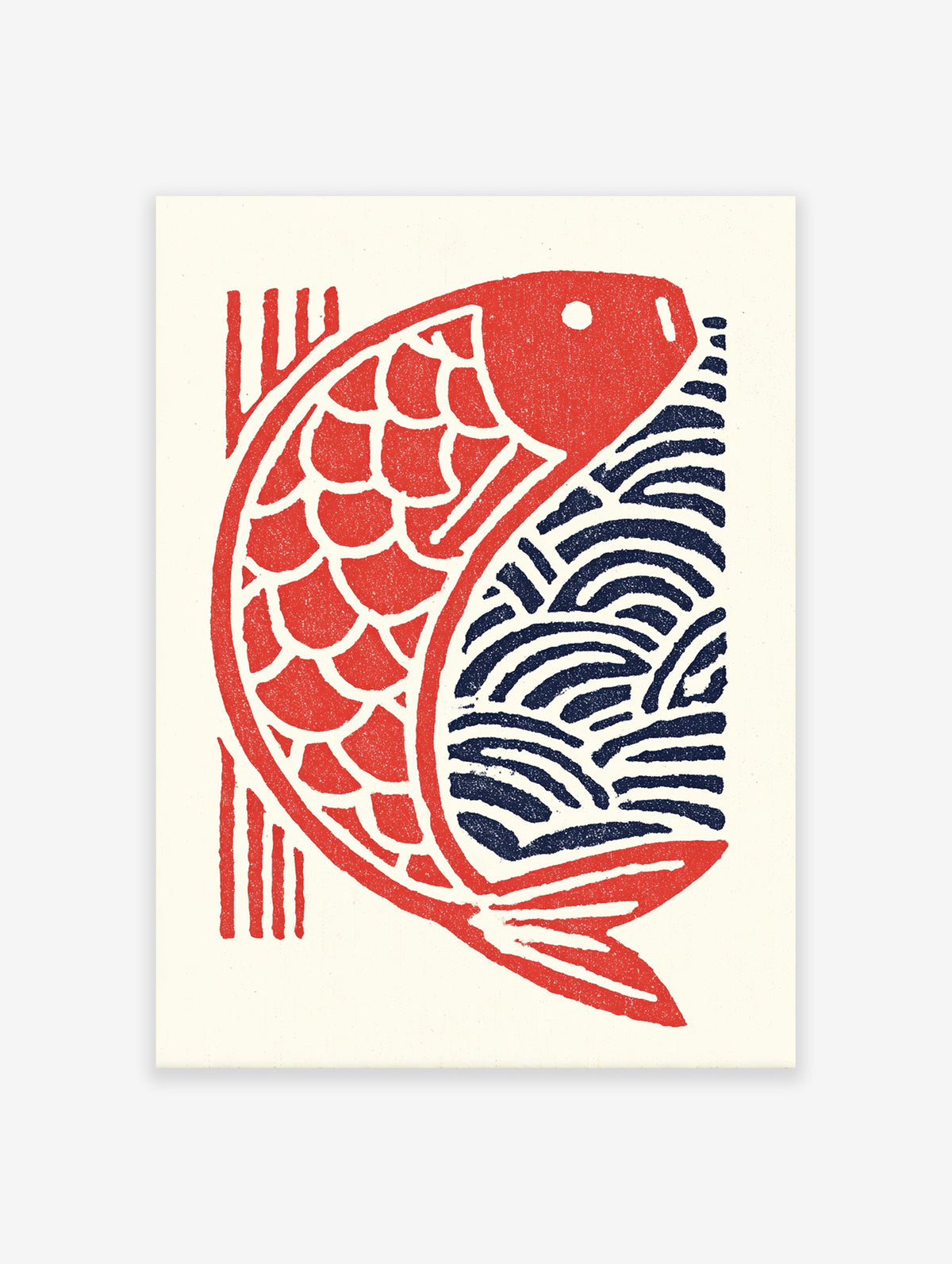 Japanese Koi Fish Poster featuring a red stylized fish with scales and blue waves in a traditional woodblock print style.