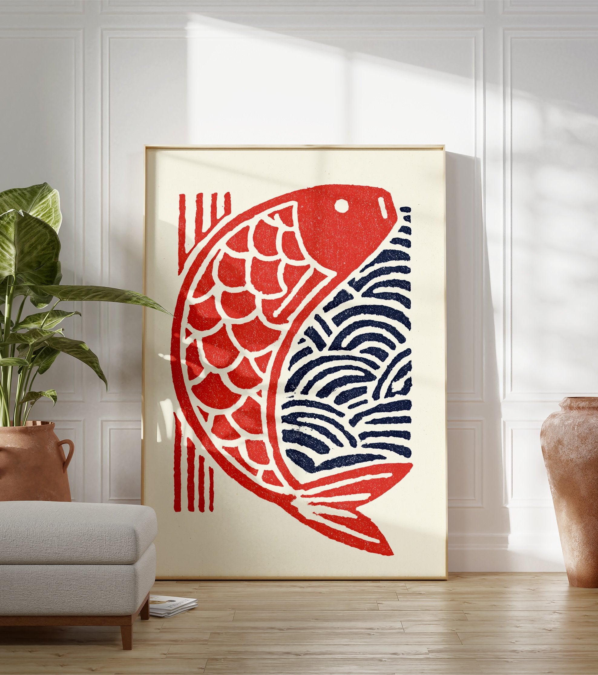 Japanese Koi Fish Poster featuring a red stylized fish with scales and blue waves in a traditional woodblock print style. - Image 3